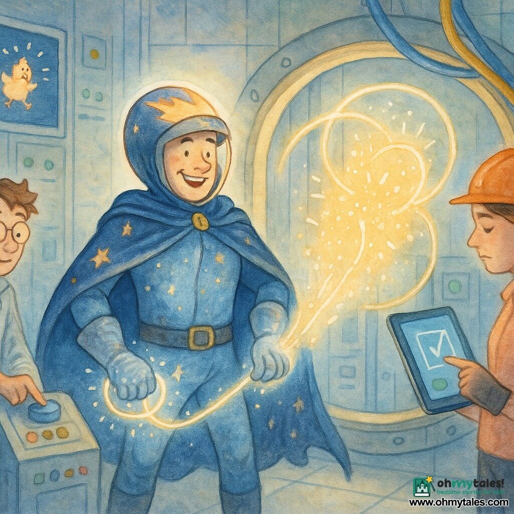 A hero in a starry blue cape with a meteor-shaped helmet and clear visor revealing a weary smile, glowing silver gloves pulsing with energy, stands breathless before a glowing access port channeling an unstable light; a young man (18–25), Doctor Dither, in a crumpled silver coat with goggles on his forehead looks guilty then relieved as he timidly presses a big blue button beside the hero; an adult female engineer in an orange helmet concentrates on a tablet to close a virtual valve; the hospital control room has glass walls, matte gray panels with colored buttons, thick blue and gold cables and a central metal ring emitting a halo; screens show playful pixels forming a dancing chicken, red lights turning green, and a night city with an arrow to the "Power Spire"; the scene captures the "Giggle-Glitch"—bouncing light bursts caught in a lasso of light—with dramatic tension but a soothing, soft watercolor palette of blues, golds and pale pink.