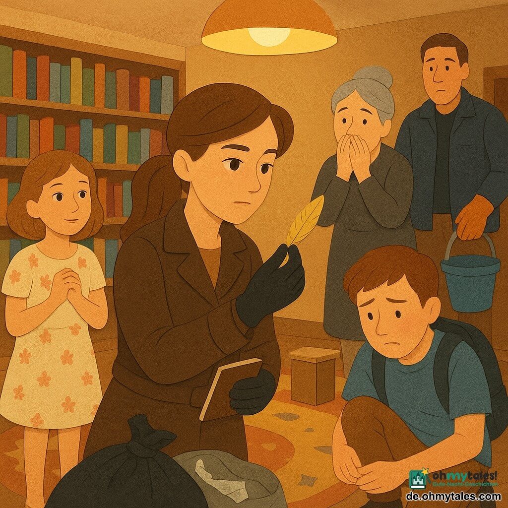 Lina, jugendliche Detektivin, konzentriertes, sanftes Gesicht, lebhafte Augen, kastanienbraunes Pferdeschwanzhaar, trägt ein kleines Notizbuch und Gummihandschuhe, hält behutsam eine kleine goldene Feder zwischen zwei Fingern; links von ihr wartet die etwa 12-jährige Mira in einem einfachen, geblümten Kleid, erleichtert, die Hände vor sich gefaltet, Blick zur Feder gerichtet; nahebei hockt der etwa 13-jährige Jonas errötend und beschämt in blauem T‑Shirt mit abgenutztem Rucksack neben einem halb geöffneten silbernen Stoffbeutel; Frau Bender, älter, graue Hochsteckfrisur, Hände vor dem Mund, steht überrascht neben einem kleinen leeren Sockel; Timo, kräftiger Erwachsener in Arbeitsjacke, steht im Hintergrund mit Reinigungshandschuhen und Eimer; Ort: warme Kinderabteilung einer Bibliothek mit bunten, niedrigen Holzregalen, rundem Sternenteppich, Bastelboxen, verstreuten Glitzerresten und einem großen schwarzen Müllsack neben Kartons; Hauptsituation: ruhige Enthüllung einer goldenen Feder, die in einem Bastelsack versteckt war, alle blicken zur Feder, Stimmung von Wiedergutmachung und Vergebung, warme Farben und papierartige Texturen.
