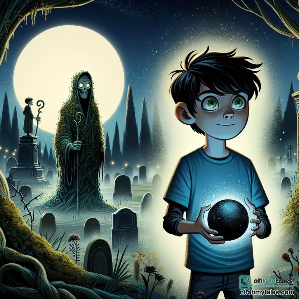 Een 11-jarig jongen, Thomas, staat in het midden van de afbeelding, met rommelig zwart haar en groene ogen die fonkelen van nieuwsgierigheid en vrees. Hij draagt een blauwe t-shirt en een versleten spijkerbroek, terwijl hij een mysterieuze obsidiaanbol in zijn handen houdt die een zachte en verontrustende gloed afgeeft. Op de achtergrond staat een vage schim van een Waker, een oud personage met een stenen masker, die majestueus Thomas observeert met holle en wijze ogen, zijn lichaam gehuld in gewaden van klimop en mos. De setting is een oude en donkere begraafplaats, met oude grafstenen bedekt met mos en knoestige bomen die geheimen lijken te fluisteren. De maan straalt hoog aan de hemel, werpt verontrustende schaduwen op de grond, terwijl een lichte mist optrekt, wat een mysterieuze en licht angstaanjagende sfeer toevoegt. De hoofd situatie toont Thomas, met een kloppend hart, klaar om het onbekende onder ogen te zien terwijl hij het heldere pad ontdekt dat hem naar het oude mausoleum leidt, waar vergeten geheimen op hem wachten.