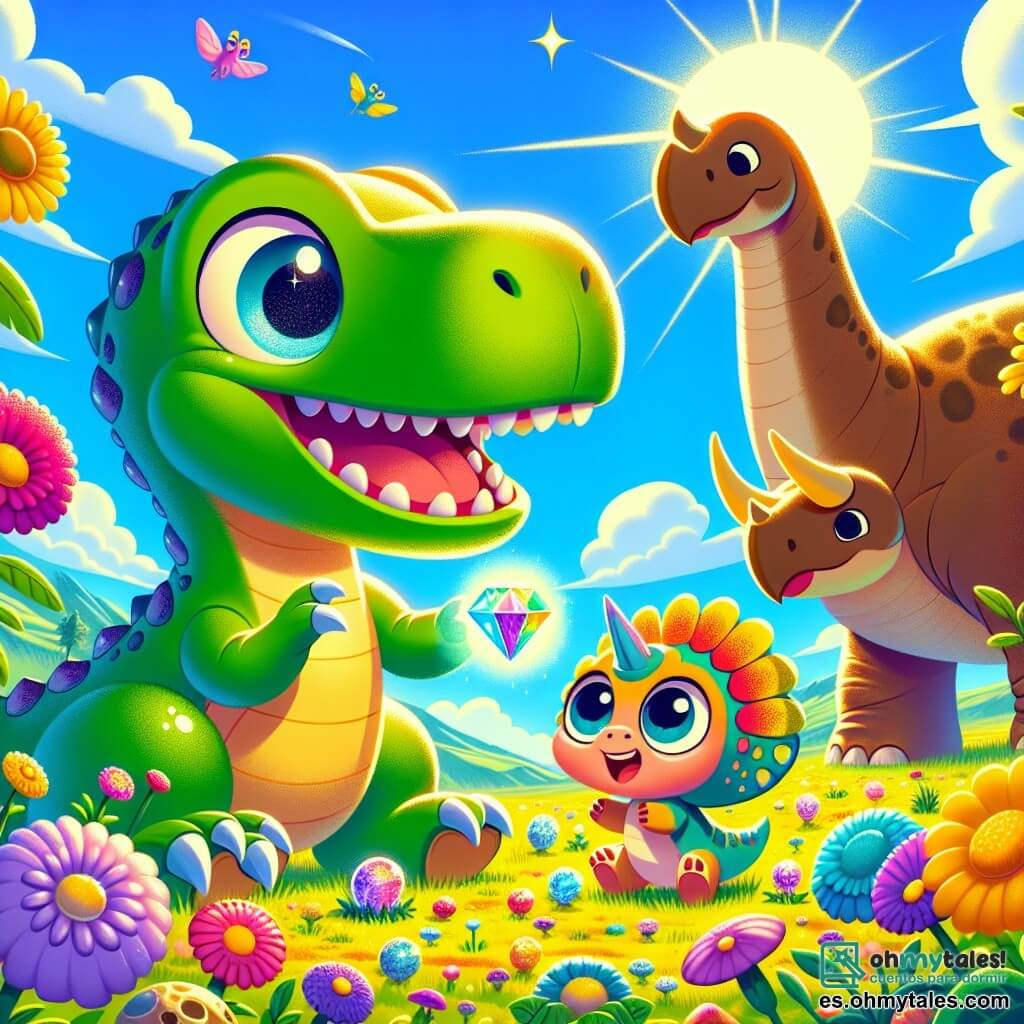 Un Tyrannosaurus Rex llamado Timo, con una piel verde brillante y grandes ojos brillantes, se encuentra en el centro de la imagen, mostrando una expresión de alegría y asombro mientras toca una piedra mágica que brilla intensamente. A su derecha, una pequeña Triceratops llamada Lila, con pieles coloridas y cuernos relucientes, salta de felicidad, admirando las flores que crecen a su alrededor. A la izquierda, un inmenso Brachiosaurus llamado Rocco, con un largo cuello y piel marrón, observa con una sonrisa benevolente, listo para ayudarles a crear su jardín. El escenario es un claro soleado en medio de un desierto dorado, donde flores multicolores florecen a su alrededor, creando un contraste vibrante con la arena. El cielo es de un azul brillante, salpicado de algunas nubes blancas esponjosas, y el sol brilla alegremente, añadiendo calidez a esta escena mágica. En esta ilustración, Timo, Lila y Rocco están creando un jardín de ensueño, utilizando la piedra mágica para hacer florecer plantas coloridas, llenando el aire de un dulce y embriagador aroma.
