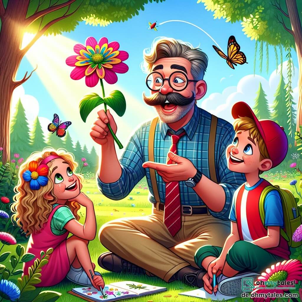 Ein Lehrer, ein Mann in den Vierzigern mit runden Brillen und einem großen Schnurrbart, lächelt fröhlich, während er eine große, bunte Blume in der Hand hält. Er trägt ein kariertes Hemd und beige Hosen und sitzt unter einem großen Baum, umgeben von seinen Schülern. Anna, ein achtjähriges Mädchen mit einem hübschen bunten Haarband, sitzt im Schneidersitz neben ihm und schaut die Blume bewundernd an. Sie hat funkelnde Augen und ein strahlendes Lächeln. Tim, ein siebenjähriger Junge mit einer roten Mütze, steht etwas weiter weg mit ausgebreiteten Armen, als wolle er einen fliegenden Vogel nachahmen, und hat ein breites Lächeln im Gesicht. Der Ort ist ein sonniger Schulgarten, gefüllt mit bunten Blumen, schwirrenden Schmetterlingen und einem klaren blauen Himmel. Das Gras ist grün und frisch, und majestätische Bäume säumen den Garten, was eine fröhliche und friedliche Atmosphäre schafft. Die Hauptsituation zeigt, wie der Lehrer den Kindern die Bedeutung von Blumen und Insekten in der Natur erklärt, während die Schüler, gefesselt, Notizen machen und in ihren kleinen Heften zeichnen und ihre Begeisterung für die Entdeckung ihrer Umgebung teilen.