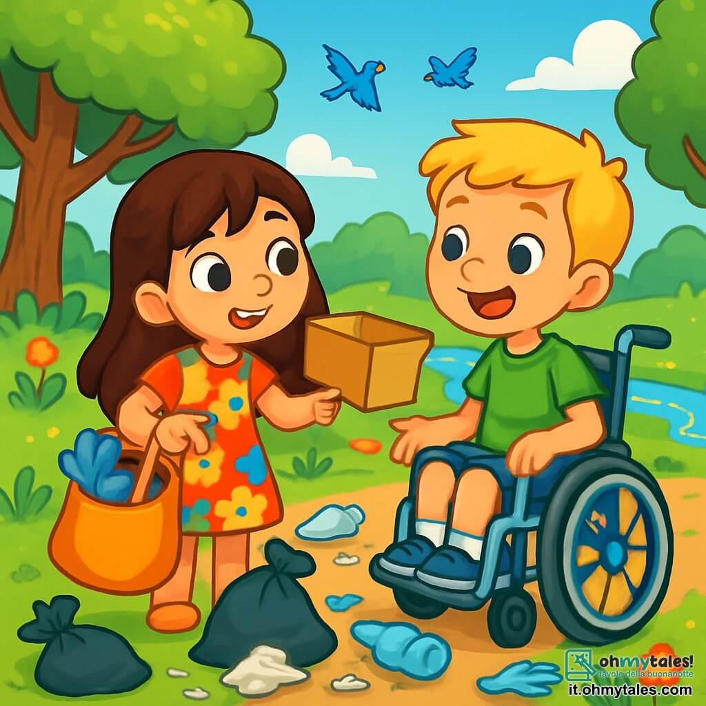 Ci sono 2 personaggi principali: Giulia, una bambina di 5 anni con lunghi capelli castani e occhi curiosi, indossa un vestito colorato con motivi floreali e tiene una borsa piena di guanti e sacchi della spazzatura, mostrando una scatola di cartone al suo amico. Luca, un bambino di 5 anni con capelli corti e biondi, è in sedia a rotelle decorata con adesivi colorati, indossa una maglietta verde e pantaloni corti blu, sorridendo e guardando Giulia con entusiasmo. La scena si svolge in un parco verdeggiante con alberi alti e foglie brillanti, fiori colorati, ruscelli scintillanti e uccelli nel cielo blu. Tuttavia, il terreno è coperto di rifiuti, come bottiglie di plastica e carta, in contrasto con la bellezza naturale del parco. La situazione principale mostra Giulia e Luca intenti a pianificare come pulire il parco, davanti a un mucchio di rifiuti, con espressioni determinate, pronti ad agire per salvare l'ambiente, circondati da sacchi della spazzatura e guanti che illustrano la loro missione ecologica.