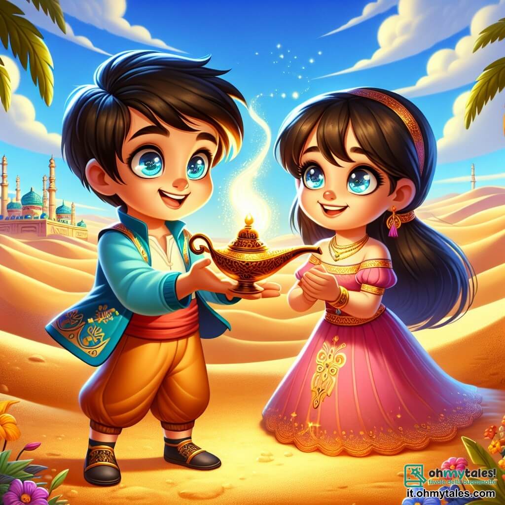 Aladino, un ragazzo con capelli neri e occhi vivaci, indossa pantaloni ambrati e un gilet blu. Sorride meravigliato, tenendo in mano una lampada antica da cui emana una dolce luce che illumina il suo viso curioso. Accanto a lui, Jasmine, una ragazza di circa 10 anni con lunghi capelli castani, indossa un abito rosa decorato con motivi dorati e guarda Aladino con un sorriso incoraggiante, pronta ad aiutarlo in questa avventura magica. Il contesto è un deserto dorato, con grandi dune di sabbia sotto un cielo blu. In lontananza si vede un'oasi lussureggiante con palme e fiori colorati. La scena principale mostra Aladino che strofina la lampada, liberando una nuvola di fumo blu che prende la forma di un genio sorridente, rappresentando il momento in cui il sogno di Aladino inizia a prendere vita.
