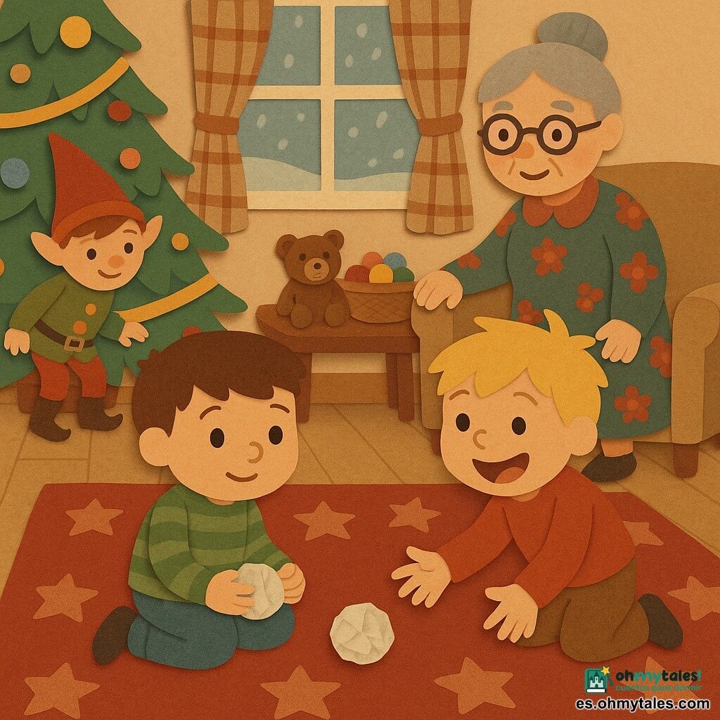 Cuatro personajes: Nico (niño de 4 años, pelo castaño corto, ojos redondos, suéter verde a rayas) sentado a la izquierda sujetando una pequeña bola de papel; Dani (niño de 4 años, pelo rubio alborotado, sonrisa amplia, suéter rojo) sentado a la derecha con las manos abiertas hacia la bola que rueda; la abuela (unos 65 años, pelo gris en moño, gafas redondas, vestido de flores) de pie detrás junto al sofá con la mano en el respaldo; un duende travieso de Navidad (gorro rojo puntiagudo, chaqueta verde, botas brillantes) en una silla detrás del árbol inclinado como si la hubiera empujado. Escena: salón navideño cálido con suelo de madera, gran alfombra roja con estrellas, árbol decorado a la izquierda, ventana con escarcha y cortinas a cuadros, mesa baja con un osito y un cesto de adornos. La bola de papel rueda entre Nico y Dani; los niños ríen; la abuela sonríe; el duende mira desde la silla. Estilo muy gráfico, colores planos y contrastados, bordes recortados visibles y textura de papel arrugado en la bola.