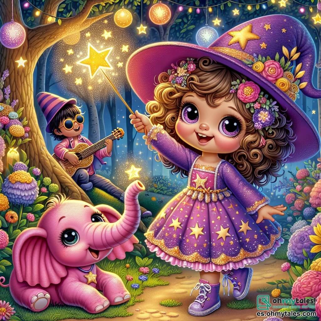 Luzia, una aprendiz de bruja de cinco años, está en el centro de la imagen, con grandes ojos llenos de curiosidad y cabello rizado, vistiendo un vestido violeta adornado con estrellas doradas. Agita alegremente su varita mágica, rodeada de un resplandor brillante, con una sonrisa radiante en su rostro. A su lado, Bombo, un elefante rosa con grandes orejas, está sentado en el suelo, mirando a Luzia con un aire hambriento y divertido, su trompa en alto como si esperara un caramelo. Un poco más lejos, un pequeño conejo rockero con gafas de sol y una guitarra canta alegremente, añadiendo un toque musical a la escena. La escena se desarrolla en un jardín encantado, lleno de flores coloridas que bailan al ritmo de la música, con árboles de hojas brillantes y globos de luz flotantes que iluminan la atmósfera mágica. Luzia, con su varita, intenta hacer aparecer un pastel de cumpleaños gigante, pero en su lugar aparece un elefante rosa, provocando risas y sorpresas, creando un ambiente alegre y encantador.