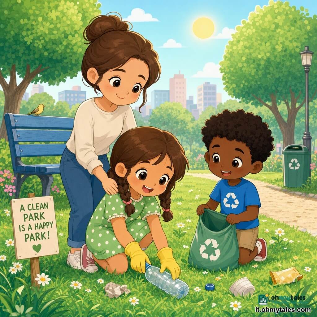Bambina di 6 anni sorridente e meravigliata, capelli castani in due piccole trecce, vestito verde a pois bianchi, accovacciata con guanti gialli mentre raccoglie una bottiglia di plastica; dietro di lei la madre di circa 32 anni, viso dolce, capelli raccolti a chignon, mano sulla sua spalla, la guarda con orgoglio; un ragazzo di 7 anni dai capelli neri ricci, maglietta blu, tiene una piccola borsa per il riciclo aperta accanto a loro, sorridendo e aiutando; luogo: piccolo parco urbano al mattino con prato verde e margherite, panchina di legno azzurra, sentiero ghiaioso e alcuni alberi; atmosfera luminosa e ottimista, colori pastello, composizione semplice.