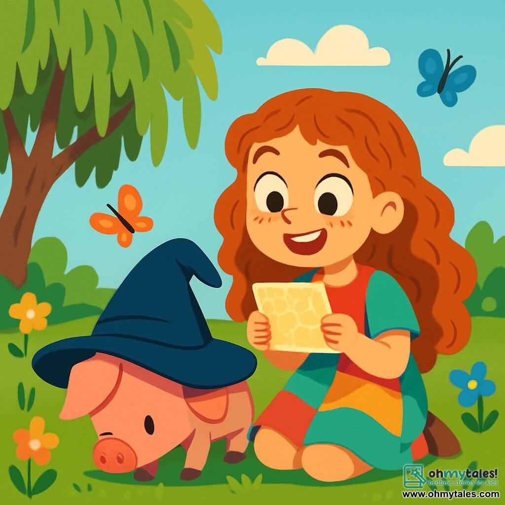 An 8-year-old girl, Lila, with long curly hair and freckles, gazes with wide eyes and a delighted smile. She wears a slightly wrinkled colorful dress and is sitting on the green grass, holding a small piece of sparkling paper, looking at Snort, her pig friend. Snort, a pink pig with big ears, wears an oversized wizard hat that slips over his eyes, appearing curious as he sniffs the ground. He is right next to Lila, ready to join her on an adventure. The setting is a sunny garden filled with colorful flowers, with an old weeping willow in the background, its drooping branches creating a soft shadow. Butterflies flutter around, adding a touch of magic to the atmosphere. The main scene shows Lila and Snort discovering a sparkling map that fell from the sky, with bright paths leading to mysterious places. Lila, excited and a bit mischievous, wonders what adventure awaits them, while Snort seems ready to dive into the unknown.