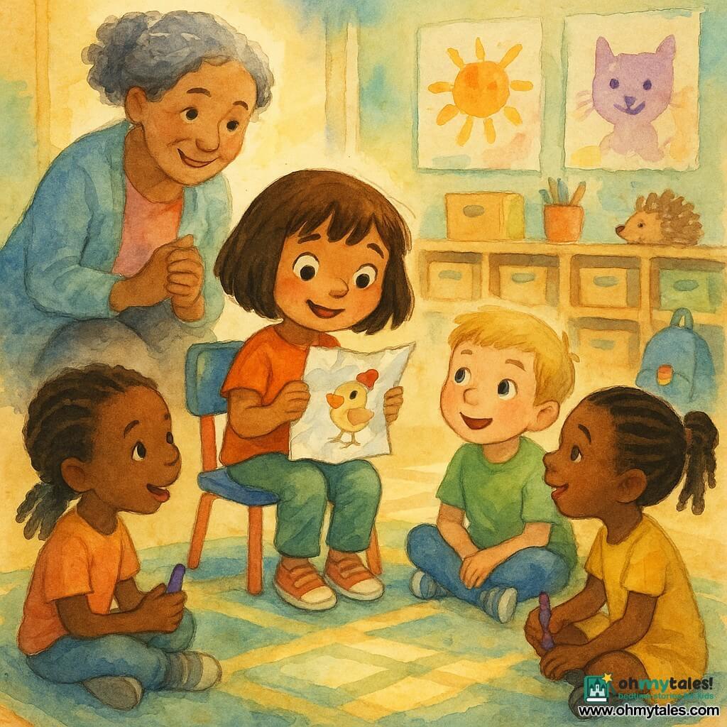 A 6-year-old girl, Maya, shy but proud, rosy-faced with big bright eyes and chin-length brown hair, sits on a small colorful chair holding a crumpled drawing of a little bird wearing a red hat; Ms. Carter, the teacher in her fifties with tied gray curly hair and a gentle smile, crouches behind her to the left with encouraging hands; a 6-year-old boy, Leo, with short blond hair, sits cross-legged on the rug to Maya’s right, curious and enthusiastic, while another 6-year-old girl, Nina, with braided black hair and an attentive smile, sits near him holding a purple crayon and leaning forward; the bright classroom has a geometric-patterned rug, wooden cubbies with labels, children’s paintings on the wall, a hedgehog pencil cup on a table and a blue backpack with a rainbow clasp on a hook; it’s a warm, attentive morning sharing moment with soft square morning light on the floor and vivid watercolor touches and controlled splatters around the characters to convey movement and tenderness.