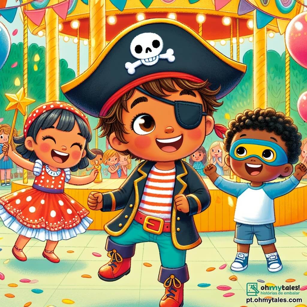 Um menino de 4 anos, Lucas, com cabelo castanho bagunçado e olhos brilhantes de alegria, veste um traje de pirata colorido com um chapéu preto decorado com um crânio. Ele dança entusiasticamente no meio de um parque, com um grande sorriso iluminando seu rosto. Ao seu lado, uma menina de 5 anos, vestida com um vestido vermelho de bolinhas brancas, pula de alegria segurando uma estrela dourada. Um menino de 6 anos, com uma máscara de super-herói e uma camiseta azul, aplaude rindo, com os olhos brilhando de excitação. O parque está decorado com balões coloridos, guirlandas cintilantes e um carrossel girando ao fundo, criando uma atmosfera festiva e alegre. A cena mostra Lucas e seus amigos em uma caça às estrelas, rindo e dançando juntos, cheios de energia e felicidade, enquanto descobrem as maravilhas do carnaval.