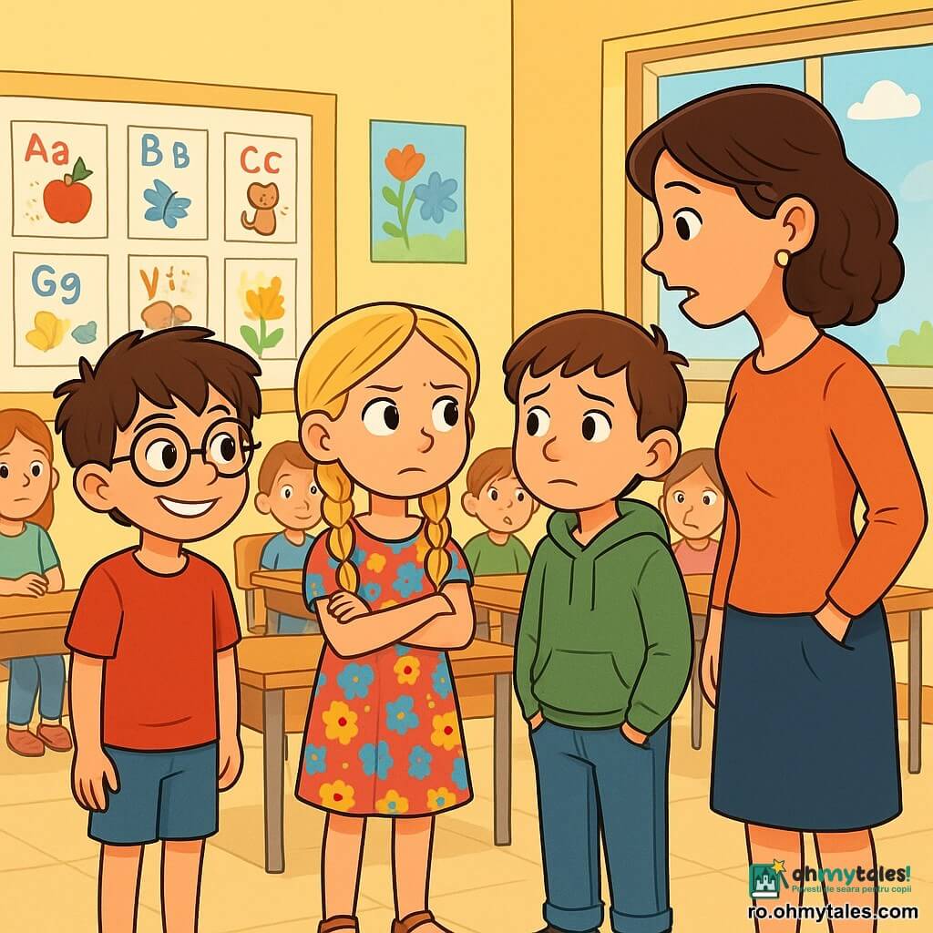 Există 3 personaje: - Andrei: un băiat de 9 ani, cu părul castaniu în dezordine și ochelari rotunzi. Poartă un tricou roșu și o pereche de pantaloni scurți albaștri. Se află în stânga, cu un zâmbet jucăuș pe față. - Maria: o fetiță de 8 ani, cu părul lung blond împletit și ochi strălucitori. Poartă o rochie cu flori colorate și sandale. Se află în centru, cu brațele încrucișate, având un aer curios. - Alex: un băiat de 9 ani, cu părul castaniu și o față puțin îngrijorată. Poartă un hanorac verde și blugi. Este în dreapta, cu mâinile în buzunare, privindu-și prietenii cu o expresie ezitantă. Locul acțiunii principale este o clasă luminoasă, cu pereți vopsiți în galben deschis și afișe colorate agățate. Băncile din lemn sunt aranjate în rânduri, iar o fereastră mare lasă să intre lumina soarelui, iluminând fețele copiilor. Situația principală a poveștii îl arată pe Alex, puțin nervos, explicând învățătoarei de ce nu și-a făcut temele, în timp ce Andrei și Maria îl observă cu expresii de susținere și îngrijorare. Ceilalți elevi din clasă privesc cu curiozitate, creând o atmosferă atât de tensionată, cât și plină de așteptare.