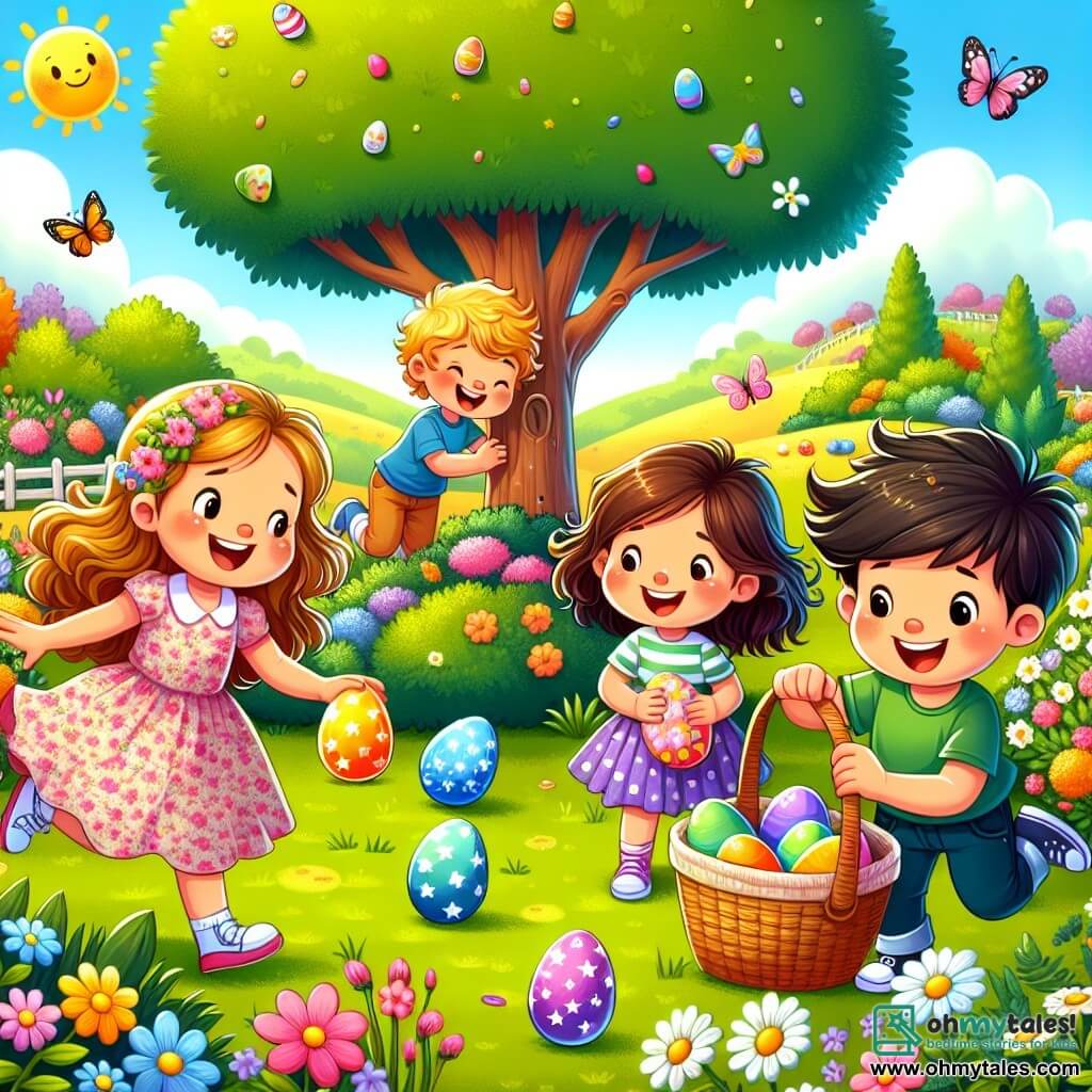 In a sunny garden, four friends are gathered for an Easter egg hunt. Lucy (8 years old) has long brown hair and wears a pink dress with flowers, jumping for joy while holding a pink basket filled with colorful eggs. Max (7 years old) has messy blond hair and wears a yellow t-shirt with a sun design, crouching down to examine a shiny egg hidden behind a bush. Mia (8 years old) has chestnut hair and wears a purple skirt with a polka dot t-shirt, smiling while holding a star-decorated egg, standing near a large tree. Leo (7 years old) has black hair and wears blue shorts with a green t-shirt, pointing at a colorful butterfly flying nearby while standing on the grass. The garden is filled with vibrant flowers, fluttering butterflies, and a large oak tree in the center, under which a treasure chest is hidden. The friends laugh and have fun searching for colorful eggs hidden in the bushes and flowers, creating a joyful and festive atmosphere.
