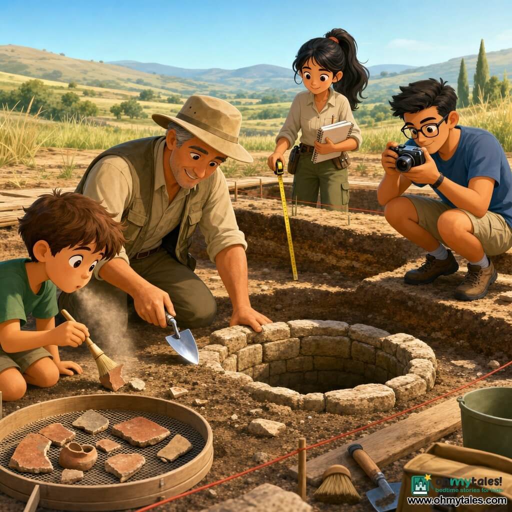 A smiling, focused archaeologist kneels—short gray hair, sun‑tanned fair skin, beige canvas hat, khaki rolled‑sleeve shirt and pocketed vest—holding a small shiny trowel; a curious ~10‑year‑old boy with messy brown hair stands left near the pit edge, gently brushing and blowing dust from a pottery shard with a soft brush; a ~12‑year‑old girl with black hair in a ponytail stands slightly behind, attentive and cheerful, measuring with a yellow tape and writing in a notebook; a ~20‑year‑old assistant in bermuda shorts and glasses crouches right photographing the scene with a small camera; the open‑field dig shows sandy, stratified soil, red ropes marking a square, wooden planks, and a half‑exposed circular stone well at center with pottery fragments on a sieve, tall grasses and gentle hills under a pale blue sky—the team carefully uncovers an ancient well in calm, studious atmosphere with warm morning light.