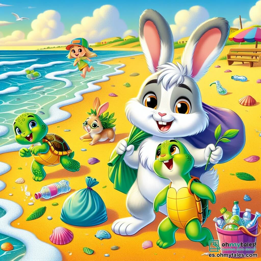 Tobías, un pequeño conejo blanco con orejas grises, es alegre y decidido, llevando un pequeño sombrero de hojas verdes. Está recogiendo basura en la playa, con una gran sonrisa en su rostro. A su lado, Rita, una tortuga verde con un caparazón colorido, observa con admiración, sus ojos brillando de orgullo, sosteniendo una pequeña planta que acaba de plantar en la arena. Nico, un pequeño ratón marrón con ojos traviesos, corre alrededor de ellos, riendo y sosteniendo una botella de plástico con sus patas. La escena transcurre en una playa soleada, con dunas de arena dorada, olas brillantes y conchas coloridas esparcidas por la orilla. El cielo es azul con algunas nubes blancas y esponjosas. Tobías y sus amigos están en plena acción, rodeados de bolsas de basura coloridas, mostrando su compromiso de proteger la naturaleza y hacer la playa más hermosa.
