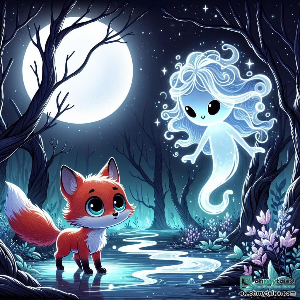 Un pequeño zorro de pelaje rojo brillante, con grandes ojos brillantes de curiosidad y un aire decidido, se encuentra en el centro de un claro de luna misterioso. Observa a su alrededor, listo para enfrentar sus miedos, mientras sombras inquietantes bailan a su alrededor, creando una atmósfera mágica y ligeramente aterradora. Cerca, una silueta luminosa, que representa un espíritu del agua, flota con gracia. Tiene un aspecto etéreo, con cabellos ondulados que brillan como gotas de agua, y una sonrisa alentadora. Observa al zorro con benevolencia, lista para ayudarlo en su aventura. El claro de luna está bañado en una luz plateada, rodeado de árboles de troncos nudosos y flores luminescentes que parecen vibrar al ritmo de la magia. Estrellas brillan en el cielo nocturno, añadiendo un toque de misterio a la escena. La situación principal muestra al pequeño zorro, valiente pero ligeramente inquieto, preparándose para enfrentar las sombras que representan sus miedos, mientras el espíritu del agua lo anima a avanzar en este jardín encantado, donde los sueños y los temores se entrelazan.