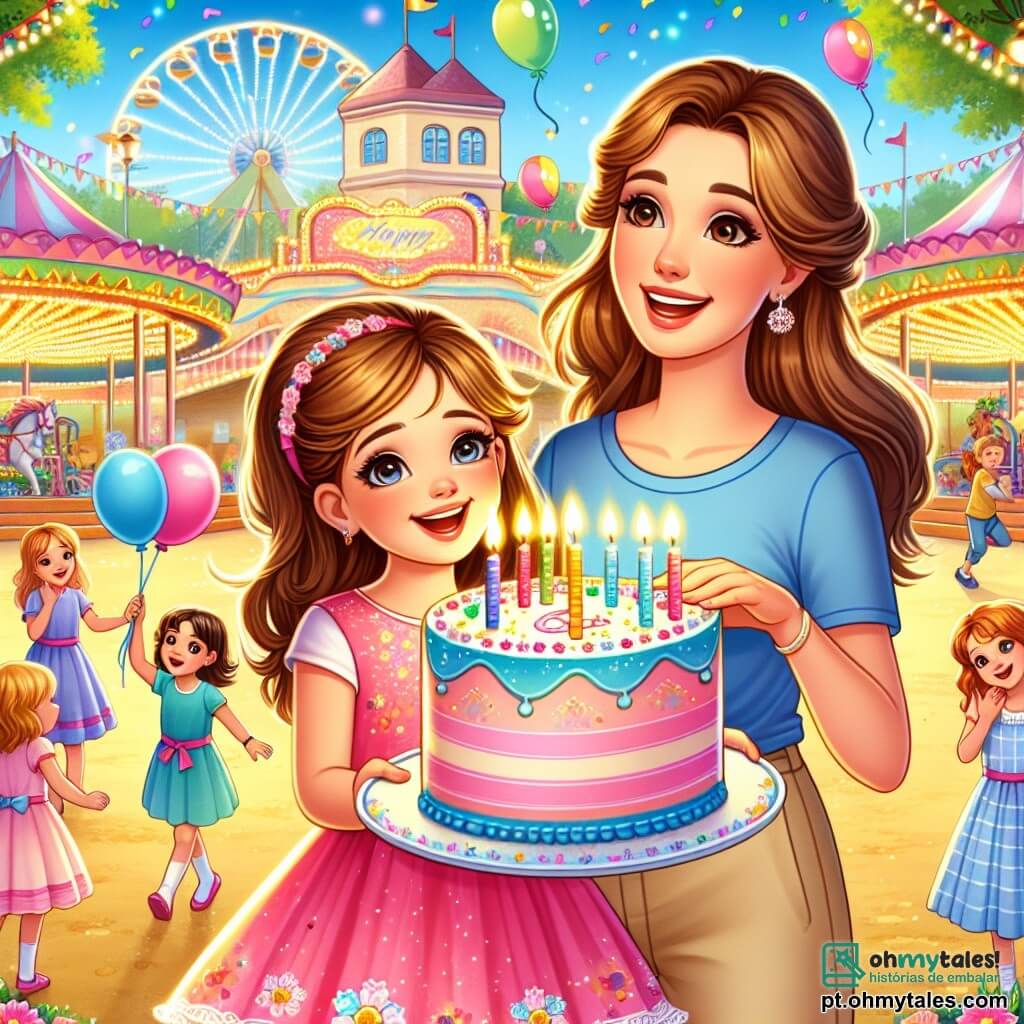 No centro da imagem, uma menina de 6 anos, Ana, com longos cabelos castanhos e olhos brilhantes de alegria, sorri amplamente segurando um grande bolo de aniversário decorado com velas coloridas. Ela usa um vestido rosa com padrões de flores e sapatilhas brancas, e seu rosto irradia excitação e felicidade. Ao lado dela, sua mãe, uma mulher de cerca de 30 anos, com cabelos castanhos presos em um coque e um sorriso caloroso, segura um prato com pedaços de bolo. Ela veste uma camiseta azul e calças bege, olhando para Ana com orgulho e amor. Ao fundo, um parque de diversões colorido, cheio de brinquedos brilhantes, balões flutuantes e crianças brincando. Árvores verdes cercam a cena, e o céu é de um azul vibrante com algumas nuvens brancas. A situação principal mostra Ana, cercada de novos amigos, cantando "Parabéns" enquanto sopra as velas do seu bolo, criando uma atmosfera festiva e alegre.