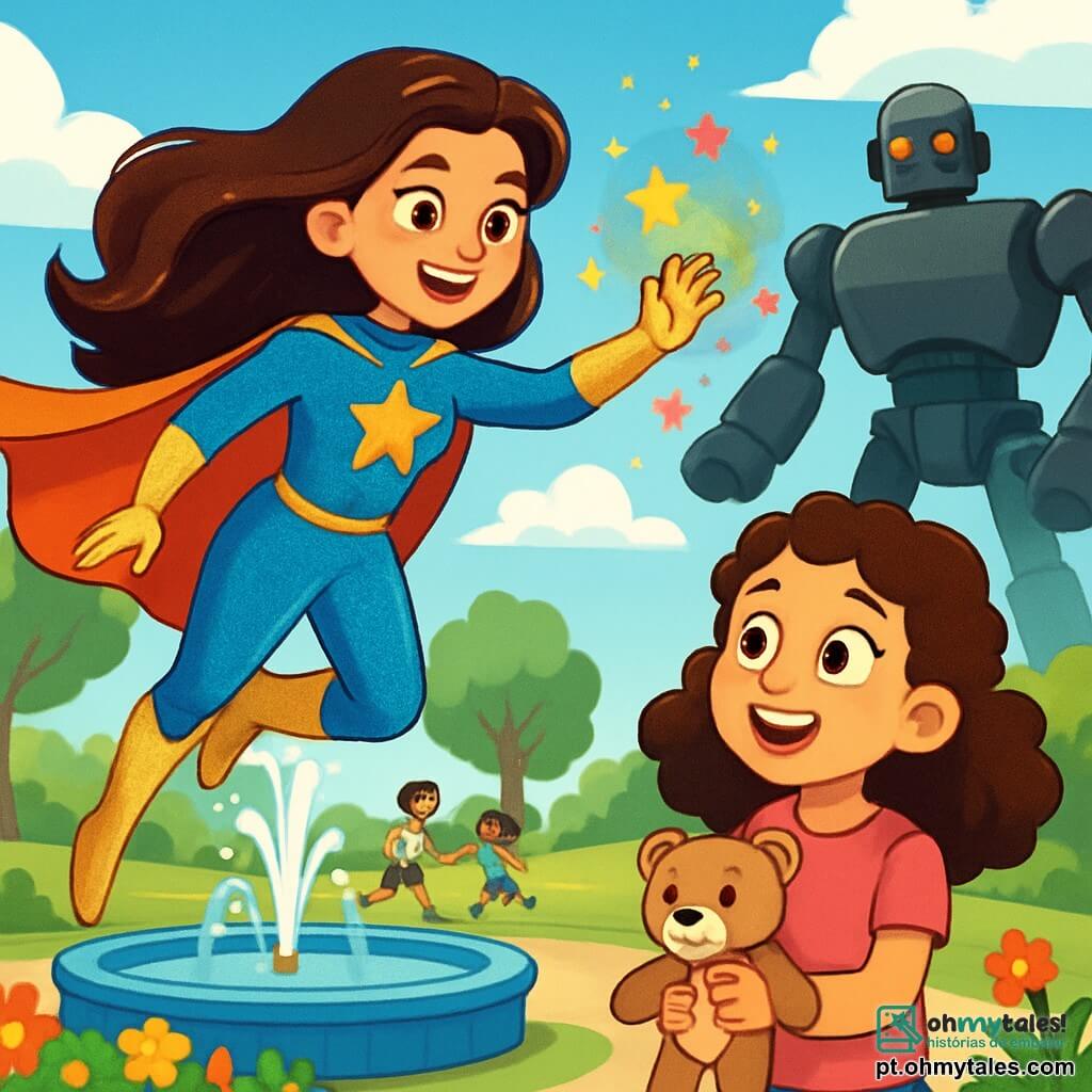 Uma super-heroína, Estrela Brilhante, é uma mulher com cabelos longos e brilhantes, vestida com um traje cintilante azul e dourado. Ela tem um sorriso confiante e olhos cheios de determinação, flutuando no ar com graça. Ao seu lado, uma menina de cerca de 8 anos, com cabelos cacheados e uma camiseta rosa, a observa com admiração, os olhos arregalados de espanto. Ela segura um pequeno urso de pelúcia nos braços, perto de uma fonte colorida em um parque ensolarado. O parque está cheio de flores vibrantes, grandes árvores com folhas verdes e um céu azul salpicado de nuvens brancas. Ao fundo, crianças brincam alegremente, enquanto um grande robô metálico e ameaçador se mantém à distância, criando uma sombra no chão. A super-heroína está criando luzes coloridas com as mãos para distrair o robô, enquanto a menina a incentiva com entusiasmo.