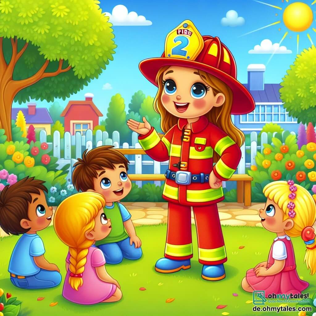 Eine lächelnde Feuerwehrfrau mit einem glänzenden roten Helm und einem gelben Anzug steht stolz auf einem grünen Rasen. Ihre Augen funkeln vor Freude und Stolz, während sie mit einer Gruppe von Kindern spricht. Max, ein 7-jähriger Junge mit braunen Haaren und neugierigen Augen, hebt die Hand, um eine Frage zu stellen, während Lisa, ein 6-jähriges Mädchen mit blonden Zöpfen, aufmerksam zuhört. Emma, ein 5-jähriges Mädchen in einem rosa Kleid, steht neben Max mit verschränkten Armen und ist fasziniert von Annas Geschichte. Die Szene spielt in einem sonnigen Park mit leuchtend grünen Bäumen und bunten Blumen entlang des Weges. Eine Holzbank ist hinter ihnen sichtbar, und ein klarer blauer Himmel mit einigen weißen Wolken schwebt darüber. Anna, die Feuerwehrfrau, erklärt begeistert ihren Job, umgeben von den bewundernden Kindern. Die Sonnenstrahlen erhellen ihre fröhlichen Gesichter und schaffen eine warme, freundliche Atmosphäre.