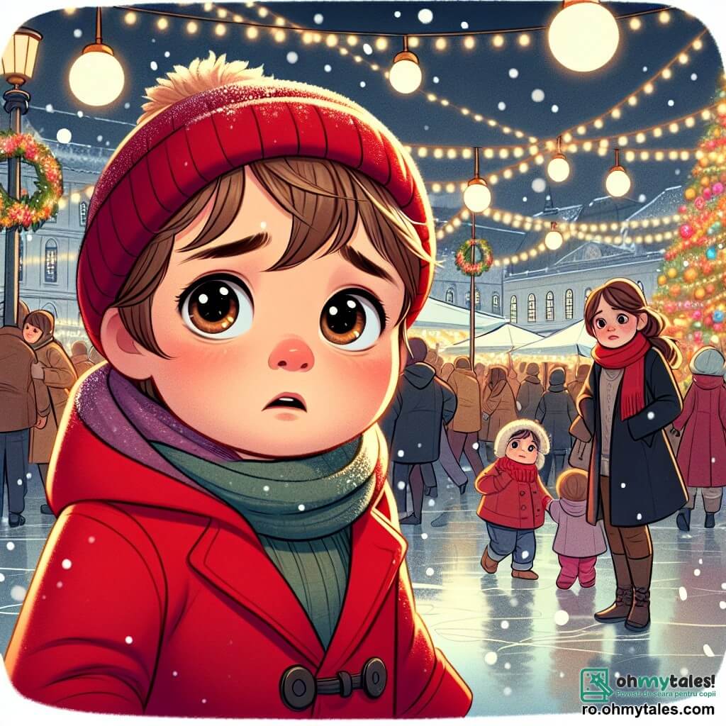 Un băiețel de 2 ani, cu părul castaniu deschis și ochi mari și albaștri, se uită în jur cu o expresie de îngrijorare pe față. Poartă o haină roșie aprinsă și o căciulă tricotată, stând în mijlocul unei mulțimi agitate. Mama lui, o femeie de aproximativ 30 de ani, cu părul brun prins în coc și un zâmbet călduros, se află puțin mai departe, căutându-și fiul cu o expresie de îngrijorare amestecată cu dragoste. Ea poartă o haină neagră și o eșarfă colorată. Scena se desfășoară într-o splendidă piață de Crăciun, iluminată de ghirlande strălucitoare și decorată cu un brad de Crăciun mare, plin de globuri colorate și lumini strălucitoare. Fulgi de zăpadă cad ușor, adăugând o notă magică atmosferei. Băiețelul, realizând că și-a pierdut mama, începe să caute în jur, strigându-i numele cu o voce blândă și tremurândă, în timp ce mulțimea continuă să treacă, creând un contrast între îngrijorarea lui și bucuria festivă din jur.