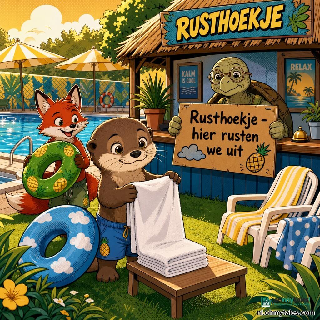 Milo, een kinderachtige otter met zacht bruin pelsje, ronde snuit en grote hazelnootogen, glimlacht terwijl hij een kraakheldere witte handdoek opvouwt; een blauwe zwemring met wolkenmotief ligt naast hem. Finn, een klein rood vosje met puntige oren en nieuwsgierige blik, lacht licht en houdt een grote groene ananaszwemring, iets achter Milo staand. Een oude brildragende schildpad zit achter een gestileerde receptiebalie en houdt een kartonnen bordje vast met de tekst Rusthoekje – hier rusten we; het bord is rechtop, versierd met een getekend wolkje en een knullige ananas, van dik karton met dikke zwarte letters. Rondom staan twee witte kunststofstoelen met handdoeken, een licht houten salontafel en een klein grasveldje omgeven door groene planten en struiken; links is een hoek van een groot glanzend blauw zwembad met fonkelende reflecties en een paar geel-witte gestreepte parasols zichtbaar. Warme namiddaglicht, zachte schaduwen, verzadigde kleuren en scherpe contouren creëren een kalme, gezellige sfeer. Dynamische compositie: personages op de voorgrond, bord in het midden, zwembad en receptie op de achtergrond, in popartstijl met effen felle kleuren en grafische motieven.