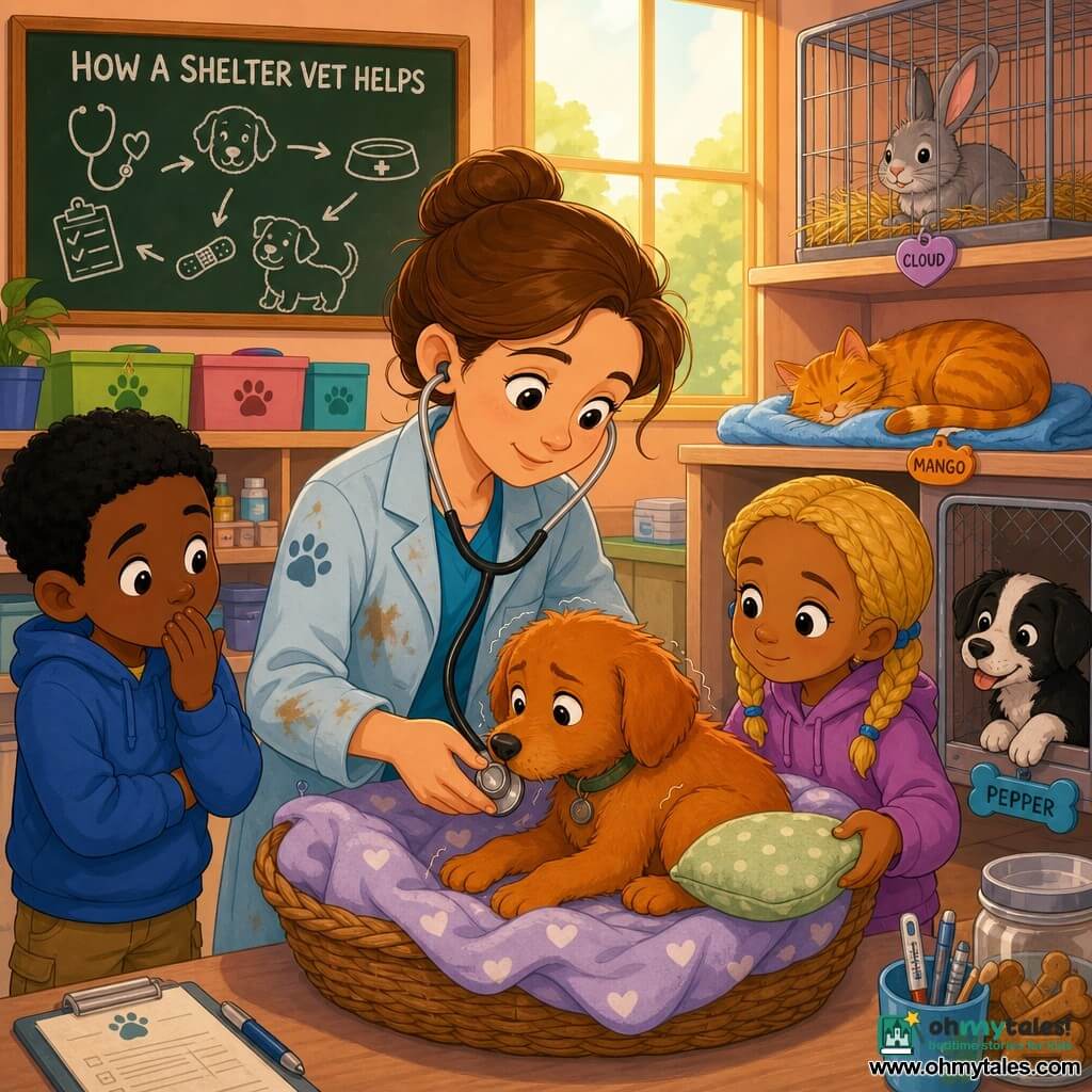 A focused, smiling female veterinarian in her thirties with fair skin and brown hair in a bun, wearing a light blue smock with a few hairs, gently holds a stethoscope to a small trembling toasted-brown dog named Juniper curled in a basket; a shy 8-year-old black-haired boy watches from the left with his hand to his mouth and a compassionate 7-year-old blonde girl on the right offers a stuffed toy and pillow. In the sunny shelter clinic with peach pastel walls and large windows, an orange cat Mango sleeps on a towel, a gray rabbit Cloud rests in a hay-filled crate, and a black-and-white puppy Pepper peeks from a kennel; the scene is warm and tender, centered on reassuring faces and hands, soft colors, rounded shapes and felt-like textures.