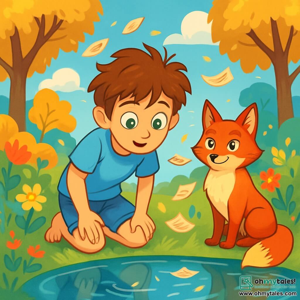 A 12-year-old boy named Eliot, with curious stormy-colored eyes and tousled hair, stands at the edge of a mirror-like lake, his face illuminated by wonder and reflection. He wears a light blue t-shirt and denim shorts, his bare feet grazing the soft grass. Beside him is a vibrant fox named Fenn, with bright red fur and eyes shining like lanterns, watching him with a wise smile, sitting on his front paws. The setting is a magical garden, where trees with golden leaves stand majestically, and colorful flowers dance in a gentle breeze. The sky is a brilliant blue, dotted with fluffy clouds lazily floating by. The main scene shows Eliot, amazed, gazing at his reflection in the lake, while lost words float around him like leaves carried by the wind. The atmosphere is filled with mystery and beauty, inviting discovery and exploration.
