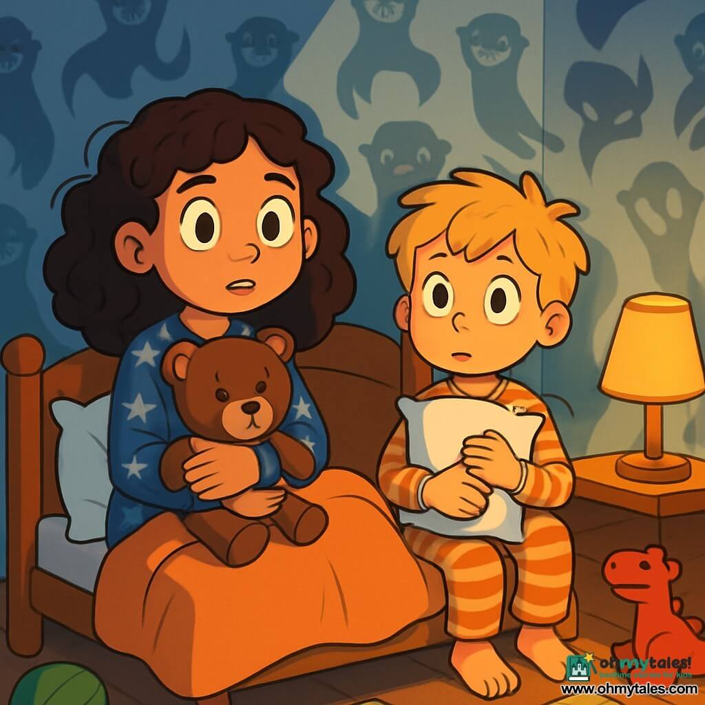 A 10-year-old girl, Emma, with curly brown hair, is sitting on her bed, wide-eyed and smiling slightly, holding her teddy bear, Oliver, against her. She wears a blue pajama with white stars and looks both curious and a bit nervous. Next to her, her 6-year-old little brother, Max, with messy blonde hair and a striped pajama, looks around with wide eyes, his hands gripping his pillow. The scene takes place in a cozy children's room, with blue wallpaper decorated with smiling otter patterns. The soft light from a bedside lamp illuminates the room, casting dancing shadows on the wooden floor. The main situation shows Emma and Max, both a little anxious, as they prepare to face the night, surrounded by toys and books, with mysterious shadows projected on the walls, symbolizing their fears.