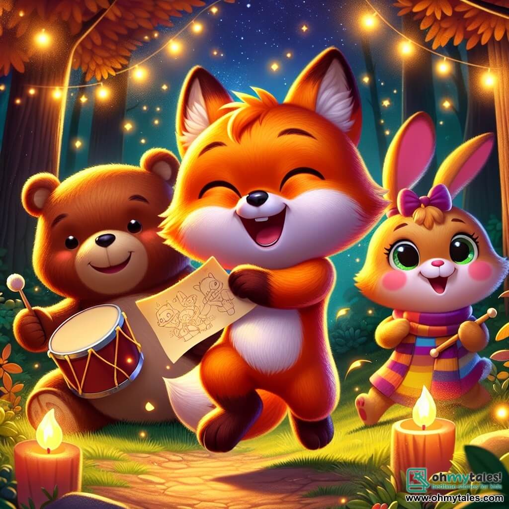 In the center of the image, a mischievous little fox named Finn, with bright orange fur and a bushy tail, jumps for joy, his sparkling eyes filled with excitement. He holds a treasure map-shaped piece of paper, sporting a big smile. To his right, Benny, a massive brown bear with a jovial expression, plays his drum, keeping the beat, his rosy cheeks betraying his enthusiasm. On the left, Lily, a small bunny with big white ears, is preparing a carrot-shaped cake, her face radiating happiness. The setting is a beautiful glade illuminated by sparkling fireflies, surrounded by majestic trees with golden leaves, under a starry sky where the stars shine brightly. The scene exudes a festive and warm atmosphere, full of magic and friendship. In the foreground, the three friends celebrate together, surrounded by colorful decorations, ready to welcome the new year with joy and camaraderie.