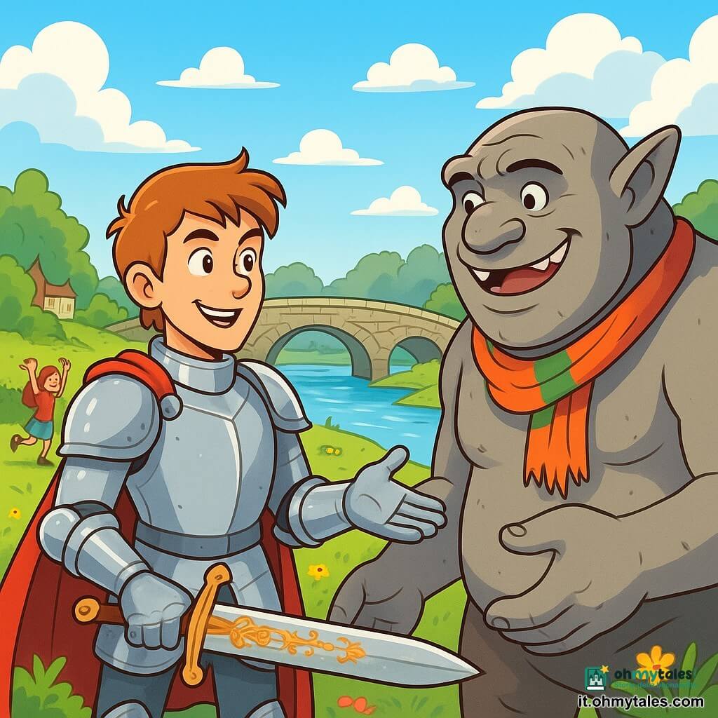Un cavaliere coraggioso, Ser Miro, si trova al centro dell'immagine, vestito con un brillante armatura argentata che scintilla sotto il sole. Il suo viso è determinato, con occhi pieni di curiosità e un sorriso sicuro. Tiene un spada ornata di motivi floreali in una mano, mentre l'altra è tesa verso un troll amichevole, Taddeo, che si trova al suo fianco. Taddeo, un grande troll dalla pelle grigia e dal mento robusto, indossa una sciarpa colorata attorno al collo e sorride calorosamente, mostrando denti bianchi e amichevoli. Sullo sfondo, una magnifica scena di un ponte in pietra si estende sopra un fiume scintillante, circondato da vegetazione lussureggiante e fiori colorati. Il cielo è di un blu splendente, punteggiato di nuvole bianche e soffici. Dei bambini giocano gioiosamente sulla riva, mentre dei mercanti curiosi si radunano per ascoltare lo scambio tra il cavaliere e il troll. La scena principale mostra Ser Miro e Taddeo intenti a discutere amichevolmente, stabilendo un legame di fiducia, mentre storie e risate fluttuano nell'aria. I personaggi emanano un'atmosfera di cameratismo e magia, illustrando l'idea che anche le sfide più grandi possano essere superate con amicizia e comprensione.