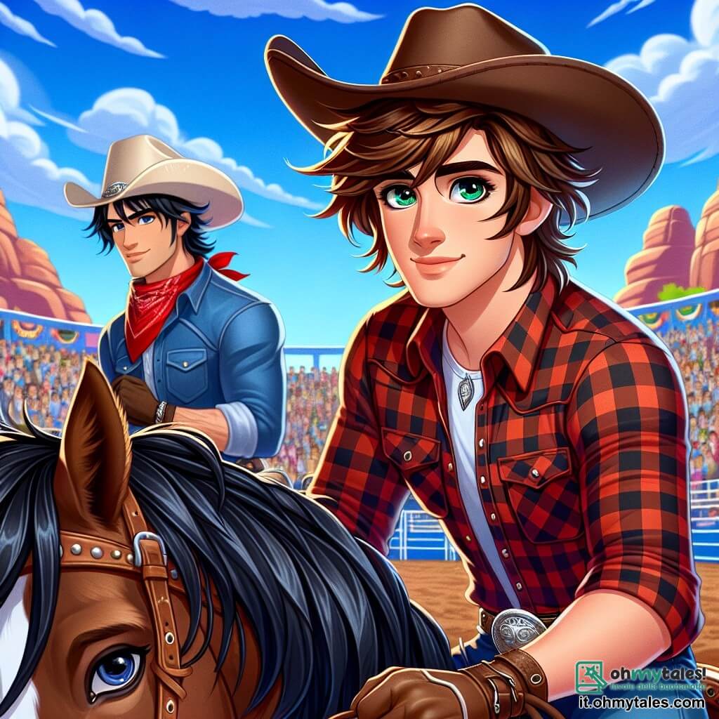 Jake, un giovane cowboy di diciannove anni, è al centro dell'immagine, con capelli castani arruffati e occhi blu scintillanti di eccitazione. Indossa un cappello di feltro, una camicia a quadri rossi e stivali di pelle, tenendo saldamente le redini del suo cavallo, Thunder, un magnifico stallone baio. Jake mostra un sorriso determinato, pronto ad affrontare la competizione di rodeo. Accanto a lui c'è Roy, un cowboy arrogante di circa vent'anni, con capelli neri e un'espressione sfidante. Indossa una camicia blu e un bandana rosso attorno al collo, osservando Jake con uno sguardo di rivalità. Sullo sfondo, l'arena di Red Rock è piena di spettatori entusiasti, cowboy e cowgirl di tutte le età, che applaudono e incoraggiano i concorrenti. Il cielo è di un blu brillante, con alcune nuvole bianche, mentre maestose montagne si ergono all'orizzonte, aggiungendo grandezza al paesaggio. La scena rappresenta il momento cruciale della competizione di rodeo, dove Jake si prepara a montare il toro, circondato da un'atmosfera elettrica di eccitazione e tensione, simboleggiando il coraggio e la determinazione di un giovane cowboy pronto a dimostrare il suo valore.