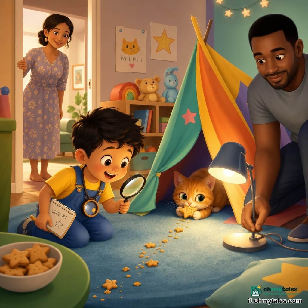 Bambino di 4 anni, gioioso e concentrato, occhi luminosi, gioca al piccolo detective con una lente di plastica e un taccuino, indossa una maglietta gialla, salopette blu e una lente finta al collo, si inginocchia vicino a una tenda di stoffa; la mamma (30–35 anni) sorride, capelli raccolti, abito semplice a fantasia, è sulla soglia con la mano sull'encadrement e uno sguardo benevolo; il papà (30–40 anni) è accovacciato vicino a una lampada accesa, maglietta grigia, sistema il cavo e osserva tranquillo; la gattina rossa Mimi ha una briciola sul muso e tiene tra le zampe una stellina di biscotto mezza mangiata, esce da sotto la tenda con aria birichina; la stanza è una cameretta accogliente con tappeto blu, tenda giochi colorata, scaffali bassi con peluche, un tavolino con una ciotola di biscotti a forma di stella e una scia di briciole che va dal salotto sotto la tenda; situazione principale: il bambino scopre Mimi con l'ultima stellina di biscotto, la lampada illumina la scena, la scia di briciole crea un percorso visivo, atmosfera calda, colori tenui e forme arrotondate, espressione di stupore e risoluzione del mistero.