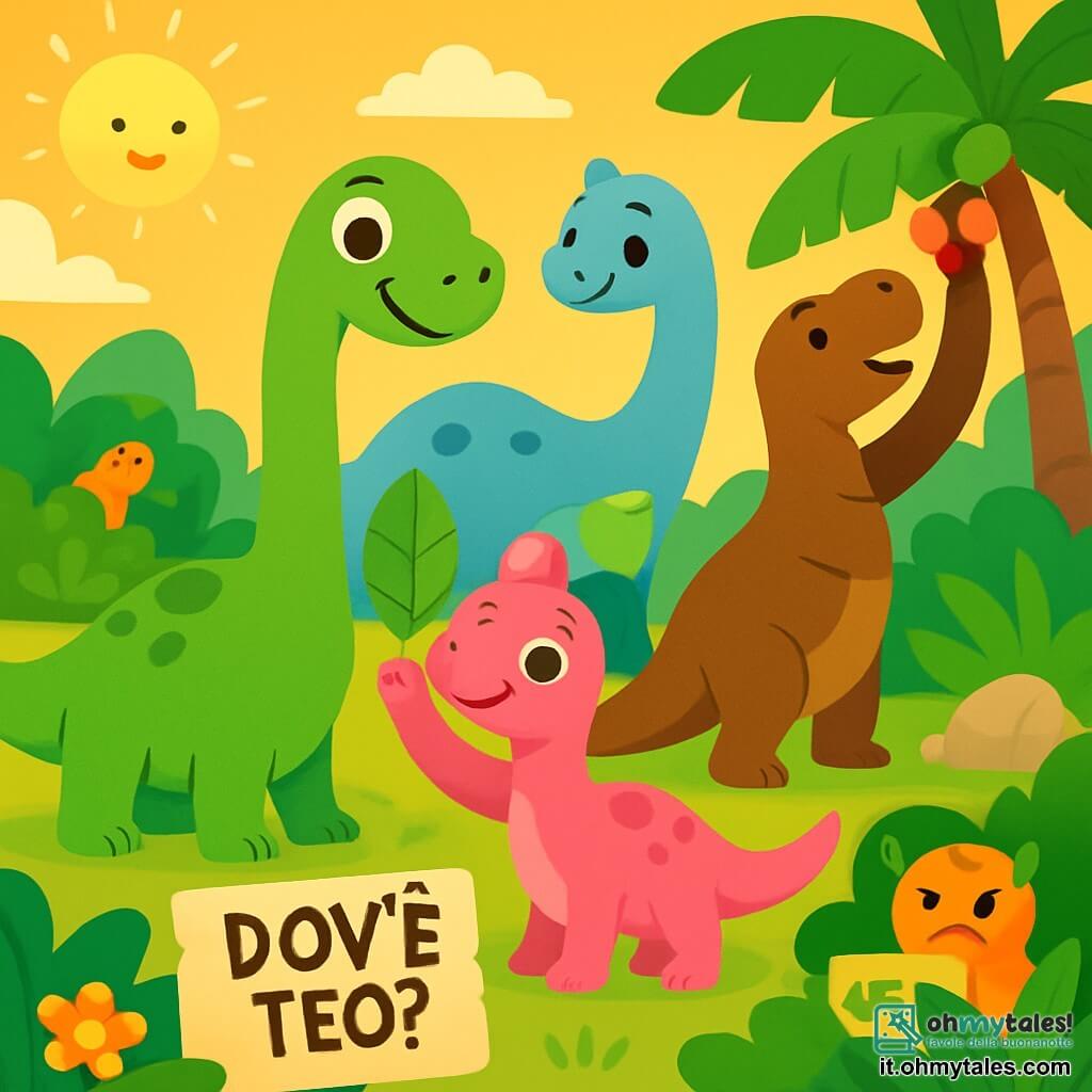 Un diplodoco di nome Dino, con un lungo collo grazioso e una pelle verde brillante, si trova felicemente in mezzo a una radura soleggiata, i suoi grandi occhi brillanti di curiosità e felicità. Accanto a lui, la sua piccola sorella Dini, un diplodoco con squame rosa, sorride con entusiasmo, alzando una zampa per toccare una foglia gigante. Sullo sfondo, la loro mamma Dina, un diplodoco dai toni delicati di blu, li osserva con tenerezza, mentre il loro papà Dodo, un robusto diplodoco marrone, si piega per raccogliere frutti succosi da un albero. Il luogo è un'isola lussureggiante, piena di grandi foglie verdi, fiori colorati e rocce dalle forme strane, illuminata dalla luce dorata del sole. La scena principale mostra Dino e la sua famiglia mentre cercano un piccolo tirannosauro di nome Teo, che si è perso, creando un'atmosfera di avventura e amicizia.