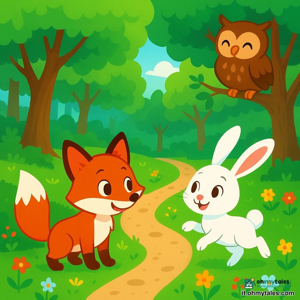 Leo, una volpe dal pelo rosso brillante e dagli occhi vivaci, è al centro dell'immagine con un'espressione curiosa e felice mentre esplora una radura nel bosco. Accanto a lui c'è Lila, una dolce lepre bianca che salta gioiosamente. Più in là, Oliver, un saggio gufo marrone, osserva la scena da un ramo. Il bosco è rigoglioso e verde, con alberi alti e fiori colorati. Leo e i suoi amici stanno scegliendo una delle tre stradine che si diramano davanti a loro, celebrando la loro diversità e amicizia.