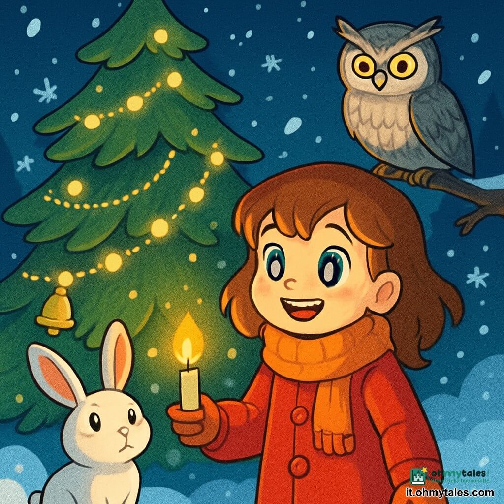 Una ragazza di 10 anni, Lucia, con capelli color caramello e occhi brillanti come stelle, si trova davanti a un enorme abete scintillante, il suo viso illuminato da un sorriso meravigliato. Indossa un cappotto rosso vivo e una sciarpa di lana morbida, con le guance arrossate dal freddo. Accanto a lei, un piccolo coniglio dalle grandi orecchie e dal pelo bianco e setoso osserva con curiosità, i suoi occhi rotondi pieni di meraviglia. Un gufo saggio, posato su un ramo, ha piume grigie e occhi dorati, guardando attentamente la scena, pronto a offrire consigli. La scena si svolge in una radura incantata, circondata da fiocchi di neve che cadono dolcemente, dove luci scintillanti danzano attorno all'abete maestoso. Il terreno è coperto da uno spesso strato di neve brillante, e campane dorate sono appese ai rami, emettendo un dolce tintinnio. Lucia, piena di entusiasmo, si prepara ad accendere una piccola candela, simbolo di calore e luce, mentre il gufo e il coniglio la incoraggiano con sguardi pieni di speranza.
