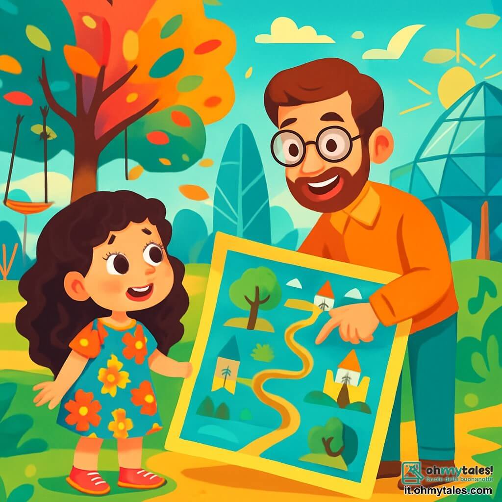 Una bambina di 6 anni, Mia, con lunghi capelli ricci e occhi pieni di curiosità, sorride meravigliata mentre guarda una enorme mappa luminosa nel parco. Indossa un vestito colorato decorato con motivi floreali e scarpe brillanti che scintillano sotto il sole. Accanto a lei, il suo insegnante, un uomo sulla trentina con occhiali rotondi e una barba morbida, indica un punto sulla mappa sorridendo, incoraggiando i bambini a esplorare. Il parco delle Scoperte è un luogo magico, pieno di strutture futuristiche in vetro e metallo, con alberi dalle foglie multicolori che fluttuano nell'aria. Altalene volanti e giardini cantanti circondano la scena, creando un'atmosfera gioiosa e vibrante. Mia, piena di eccitazione, si prepara a scegliere la sua prima avventura tra le molte attrazioni affascinanti che la circondano.