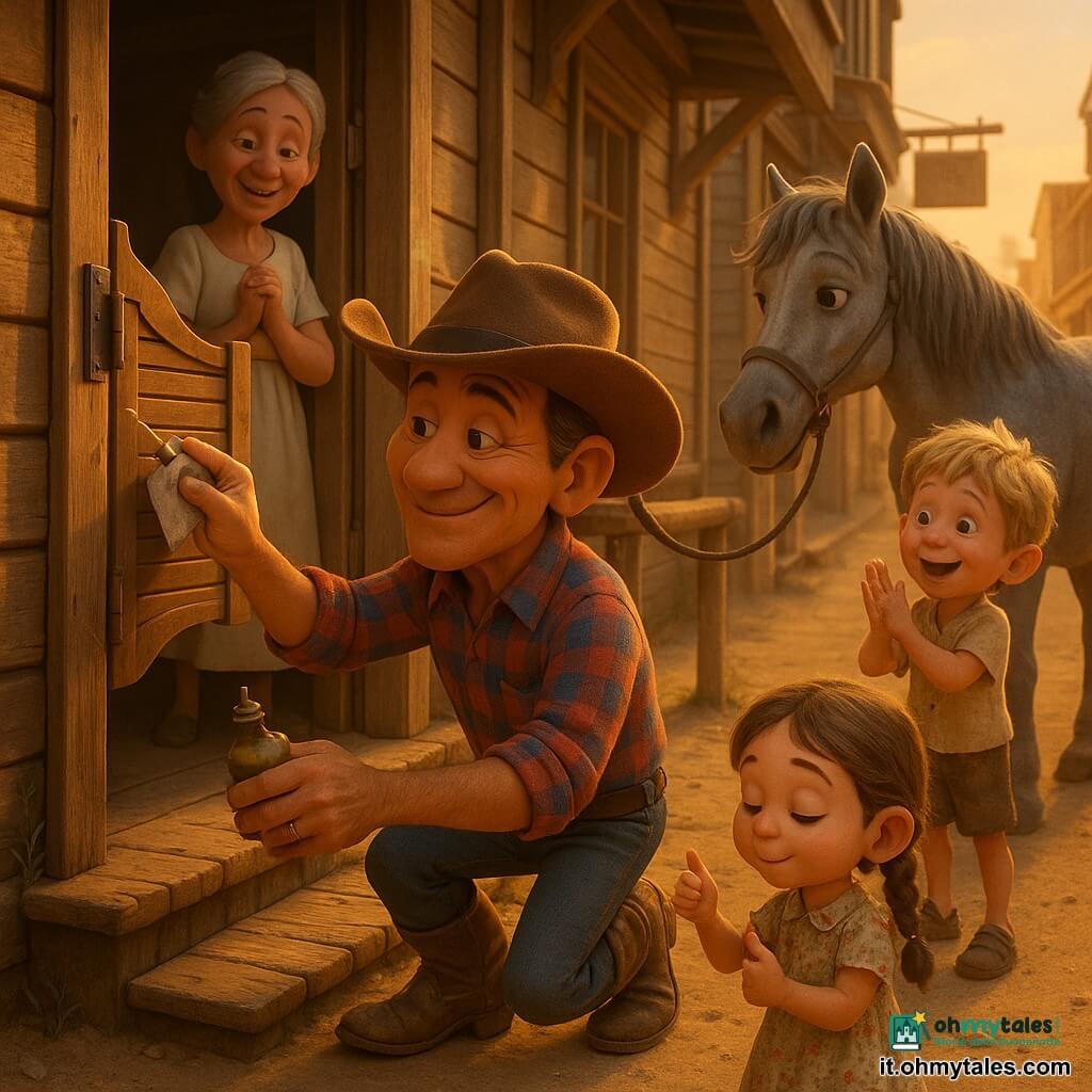 Un cowboy sorridente e determinato, viso abbronzato con lievi rughe, cappello di feltro marrone, camicia a quadri rossa e blu e stivali di cuoio consumati, tiene una piccola bottiglia d'olio e un panno e applica una goccia su una cerniera del saloon; la locandiera con capelli grigi raccolti in uno chignon, vestito crema e mani incrociate sorride riconoscente dall'anta; un bimbo di 7 anni coi capelli biondi spettinati e pantaloncini impolverati applaude a destra vicino al marciapiede; una bambina di 5 anni in vestito floreale e trecce brune imita il gesto con una bottiglia immaginaria seduta sui gradini; un grande cavallo grigio di nome Nuvola, criniera leggermente scompigliata, è legato a una trave e osserva la scena; strada di una piccola città del Far West con tavole di legno screpolate, facciate bronzate, polvere dorata nell'aria e sole basso che proietta lunghe ombre; atmosfera calda e tranquilla al tramonto mentre il cowboy lubrifica la cerniera per fermare il «scric» e i bambini guardano ammirati.
