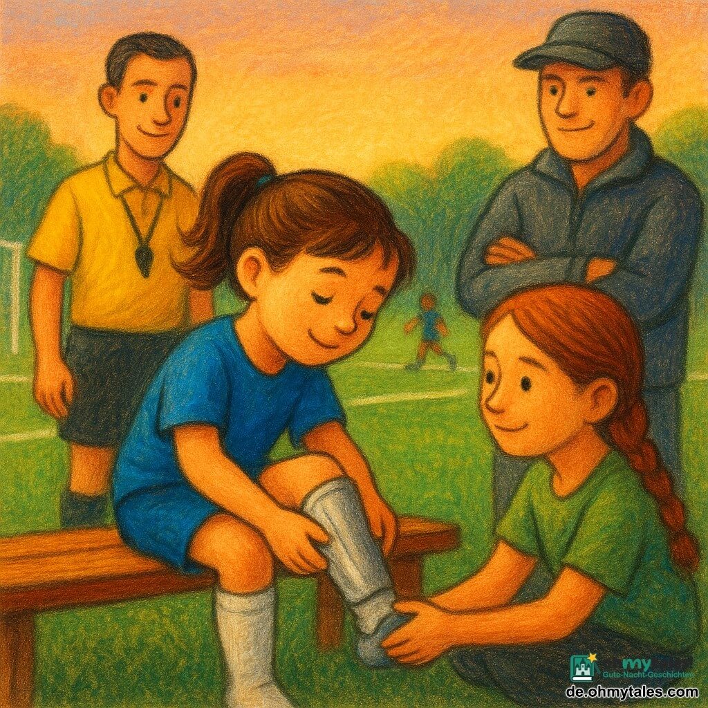 Eine lächelnde, konzentrierte junge Frau mit braunem Pferdeschwanz, blauem Trikot und weißen Socken sitzt auf einer Holzbank und richtet einen silbernen Schienbeinschoner; eine Freundin (ca. 18) mit geflochtenem Haar und hellem Teint hockt daneben und hält die Socke, blickt ermutigend; ein Schiedsrichter (Mann, ~40) in gelbem Hemd mit schwarzer Pfeife steht an der Seitenlinie, ein Trainer (Mann, ~45) mit Kappe und grauem Windbreaker steht hinter der Bank mit verschränkten Armen; im Hintergrund grüner Rasen, weiße Linien, Tore mit Netzen und verschwommene Spielerinnen, spätes Nachmittagslicht mit rosa-orangem Himmel und langen Schatten. Stil: dicke Konturen, grobe Pastelltextur, gesättigte Farben, runde Gesichter, einfache Mimik, klare, auf die junge Frau zentrierte Komposition.