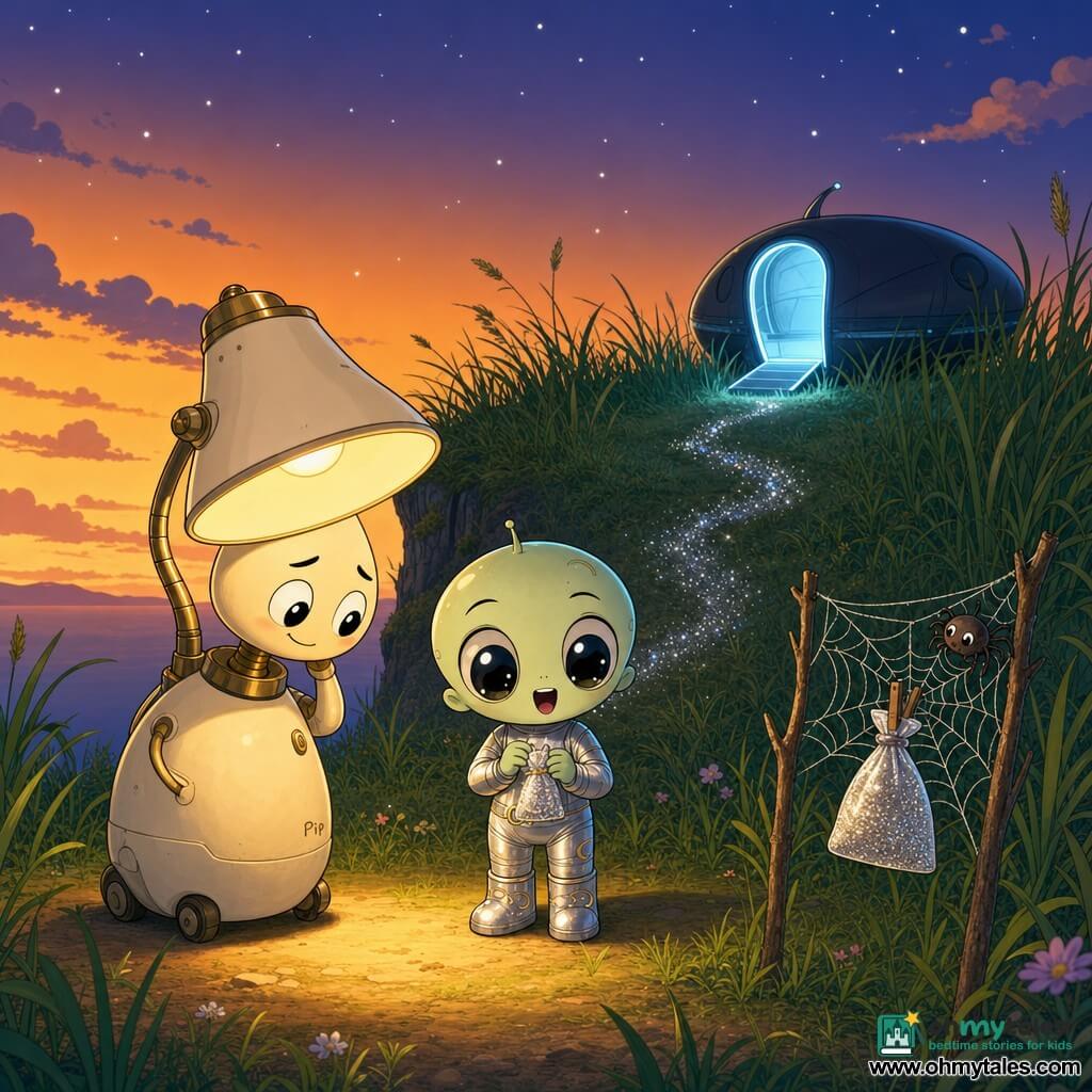 Pip, a small anthropomorphic cream-metal desk lamp with a creaky brass neck and a shy happy expression, rolls gently and casts a warm soft light on the ground; Zim, a lunchbox-sized alien in a shiny silver suit and moon-decorated boots with large dark glass eyes and a surprised smile, holds a tiny pouch of glitter near Pip. A smooth pebble-shaped ship rests in the tall grass with an open door glowing pale blue, ready to lift off; a tiny spider and a small web between two twigs hold the glitter pouch. On a grassy cliff at dusk with swaying tall grass, an orange sky and first stars, a trail of silver glitter leads from the ground to the ship as Pip helps Zim retrieve the pouch—calm, warm atmosphere contrasting Pip’s glow, the sparkling glitter, and the ship’s blue halo.