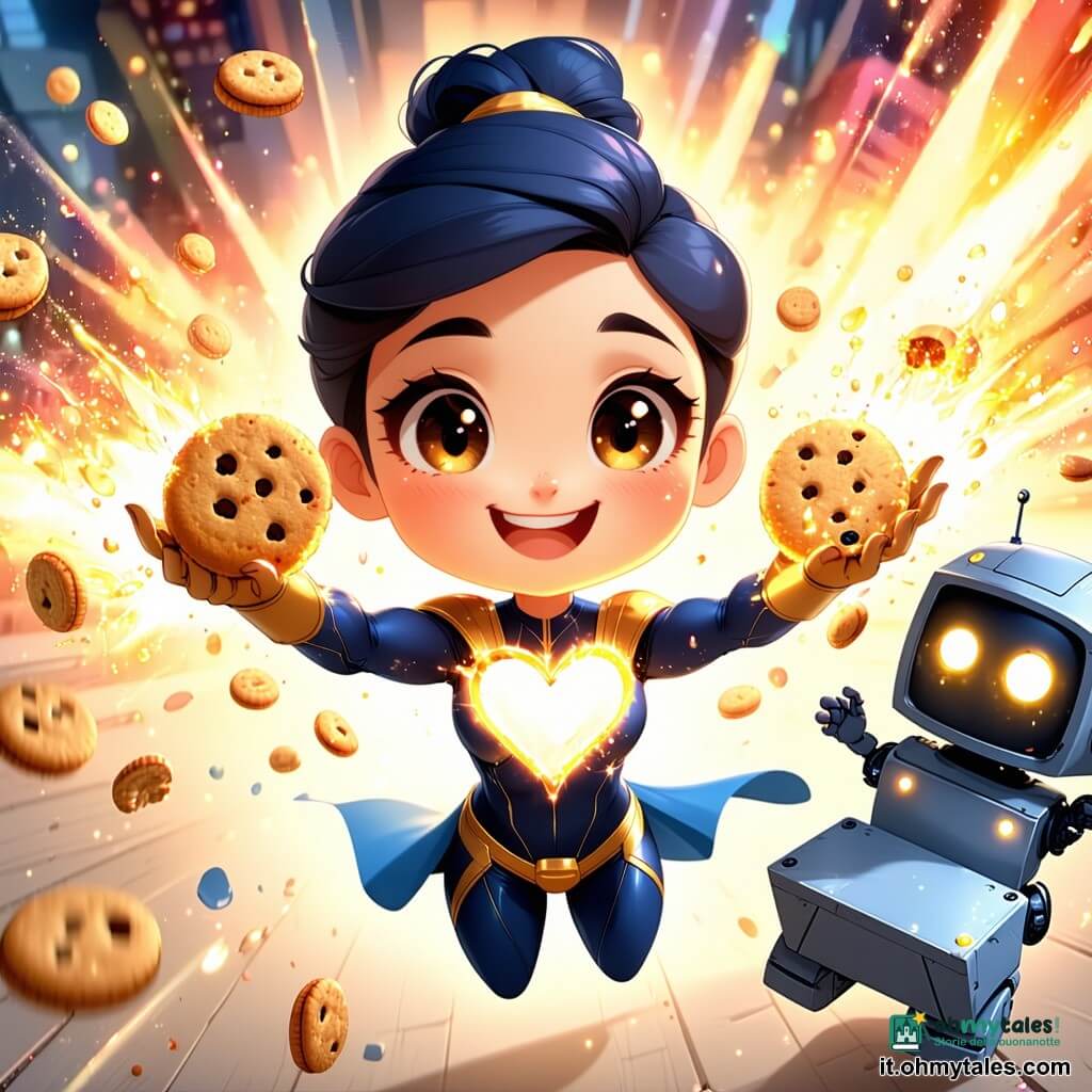 Una donna supereroina sorridente e coraggiosa, volto rotondo, occhi grandi e brillanti, capelli mossi blu scuro, tuta blu e oro con piccolo mantello e un cuore rosso‑arancione che emette una luce calda sul petto, alza le braccia e soffia una pioggia di luce dorata; a sinistra fluttua un piccolo robot postino quadrato in metallo chiaro con occhi LED tondi che tiene una scatola di biscotti, fa “beep” e osserva con stupore amichevole; un bambino di circa 5 anni, capelli castani corti, gioca con un grande barattolo di vetro vuoto a terra davanti alla donna, ride e indica la luce; la scena è in una città notturna morbida con casette colorate che brillano come stelle, lampioni rotondi spenti e cielo viola con una nube grigia di polvere spaziale: la donna soffia una luce calda che attrae la polvere in un vortice facendola cadere dolcemente nel barattolo tenuto dal bambino, atmosfera calma, amichevole e magica.