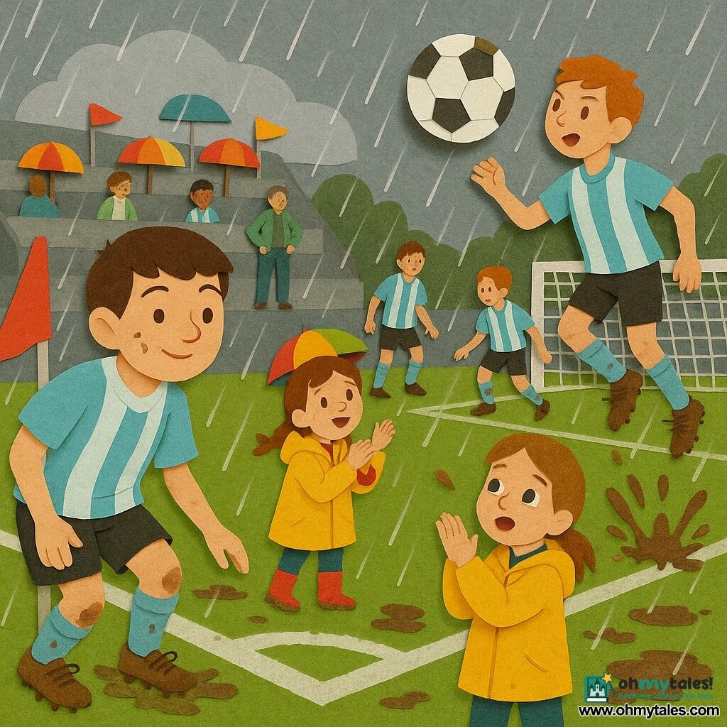 A young boy, about 13–15, round face with mud on his cheeks, calm focused expression and slight smile, wearing a sky-blue striped jersey and visible shin guards, leaning forward after sending the ball for a corner with a controlled gentle kick, muddy untied laces; his younger sister, about 9, brown hair in braids, in a yellow raincoat under a small colorful umbrella at the sideline, clapping in wonder; teammate Sam, about 14 with short red hair in the same jersey, jumping to head the ball toward the goal with mud on his knees just in front of the goal; coach Lina, in her forties with short grey-streaked hair in a green jacket, standing by the bench with hands on hips, smiling proudly; a neighborhood stadium in the rain with a shiny green pitch dotted with puddles, muddy white lines, simple stands with umbrellas and flags, grey cloudy sky and diagonal rain streaks; the decisive moment of a corner turned into a goal — the ball in the air center-frame, Sam mid-run and leap to score, the boy (Marco) in the background after his pass, his sister and the coach applauding, mud splashes around feet and faces showing joy and teamwork.