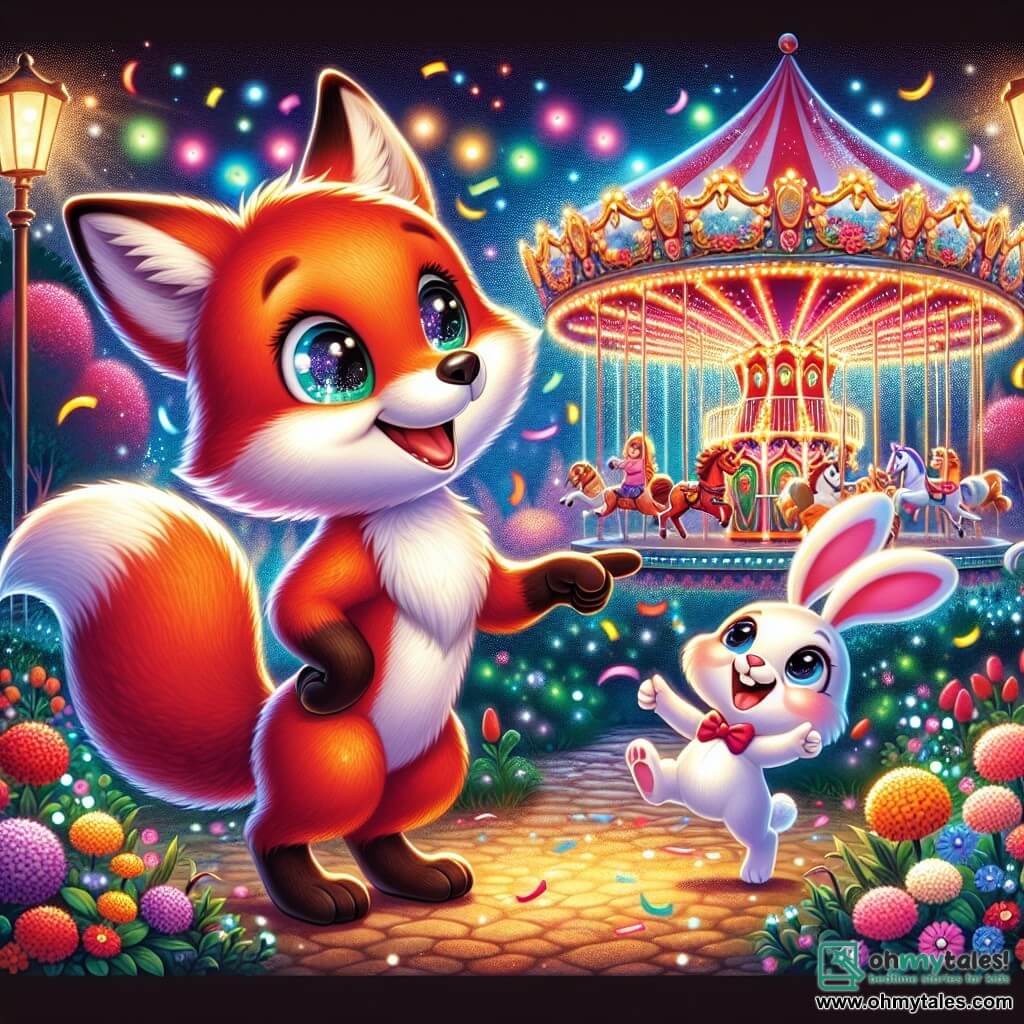 An illustration depicts a mischievous fox with bright red fur and sparkling curious eyes, standing on its hind legs with a big smile, gazing in wonder at a large colorful carousel. Next to it, a joyful rabbit with long floppy ears and white fur jumps enthusiastically, its face lit up with a bright smile as it points at the carousel, exclaiming with joy. In the background, a magical garden filled with luminous flowers and sparkling lights dances in the air. Colorful balloons float above the carnival visitors, adding a festive touch. The main scene shows the fox and rabbit, amazed by the carousel, ready to have fun together in a world of magic and happiness, with confetti gently falling around them and children's laughter resonating, creating a joyful and festive atmosphere.