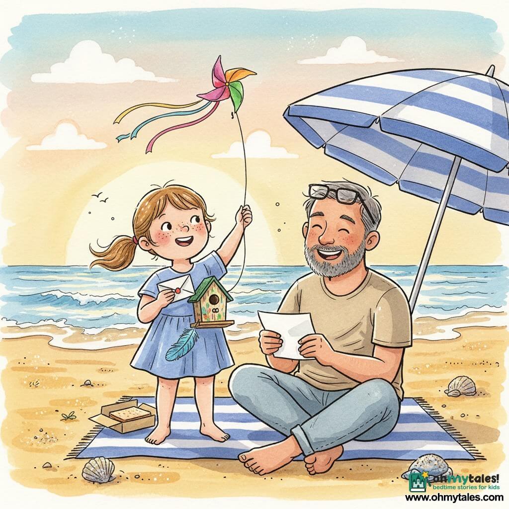 10-year-old girl, round face with freckles, brown hair in a ponytail, bright smile and proud look; she holds a small folded envelope and a painted wooden bird, standing on a striped towel. Adult man, father around 38, male, short salt-and-pepper beard, faded t-shirt and reading glasses on his head; he gently laughs while reading the letter, seated on the edge of the towel beside the girl. Colorful pinwheel kite flies above them, string held by the girl, ribbons fluttering. Beach with golden sand, wide-striped umbrella, scattered shiny shells, gentle waves and a pastel sunset sky. Main scene: tender, joyful Father’s Day moment—daughter gives a letter and painted birdhouse, father reads emotionally, warm family atmosphere; visible details: small sunscreen drops on the nose, open sandwich box, blue feather glued to the birdhouse.