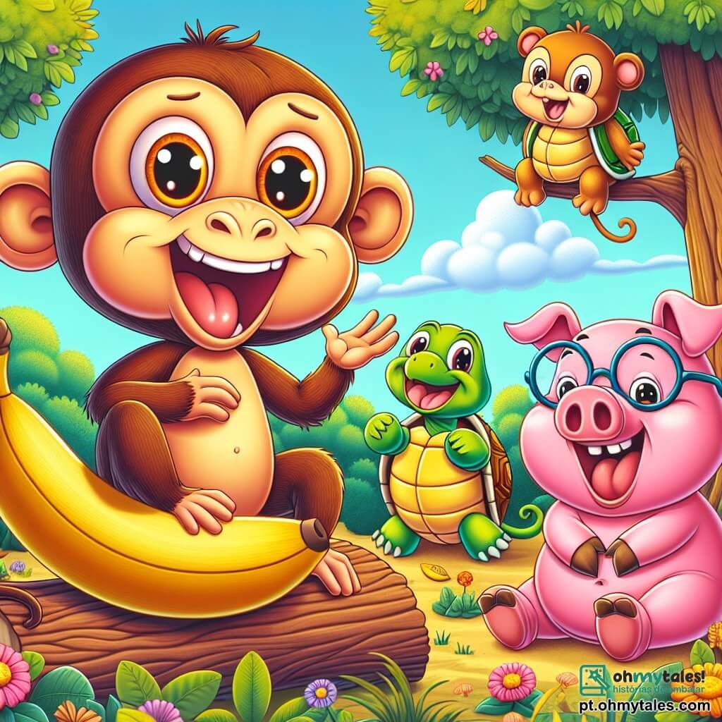 Um macaco alegre chamado Mico, com pelagem marrom e olhos brilhantes de travessura, está empoleirado em um galho de árvore, rindo alto enquanto segura uma grande banana. Ao lado dele, uma tartaruga chamada Tita, com uma carapaça verde e óculos no nariz, sorri levantando os braços, pronta para contar uma piada. Ao fundo, um porquinho travesso chamado Coquinho, com pelagem rosa e grandes orelhas divertidas, está sentado na grama, rindo de bom coração. A cena acontece em uma clareira ensolarada, cercada por árvores com folhas coloridas e flores vibrantes, onde uma pequena multidão de animais se reuniu, todos ansiosos para ouvir as histórias engraçadas. Mico, Tita e Coquinho estão no centro de uma competição de risadas, onde cada um tenta fazer os outros rirem com suas melhores piadas, criando uma atmosfera alegre e festiva.