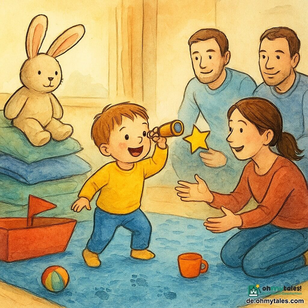 Ein fröhlicher, staunender zweijähriger Junge mit hellbraunen Haaren und runden Wangen hält einen Löffel als Fernglas und lacht, während er die "Berg"-Couch erklimmt, ein großer beiger Kuschel-Hase liegt oben; die lächelnde Mutter Mitte 30 sitzt am Teppichrand und reicht die Hände zum Helfen, der ruhige Vater Anfang 30 hockt im Hintergrund und hält einen sternförmigen Aufkleber entgegen; das Wohnzimmer ist als Abenteuerland gestaltet: blauer Teppich als Meer, aufgeschichtete Kissen als Stoffberge, ein rotes Pappboot, warmes Morgenlicht durchs Fenster; Grafikstil: feine Tuscheliniens, lebhafte Aquarellfarben, weiche Texturen, niedrige Perspektive auf Kinderhöhe, kindliche Details wie bunter Ball, Plastikbecher und kleine Abdrücke auf dem Teppich.