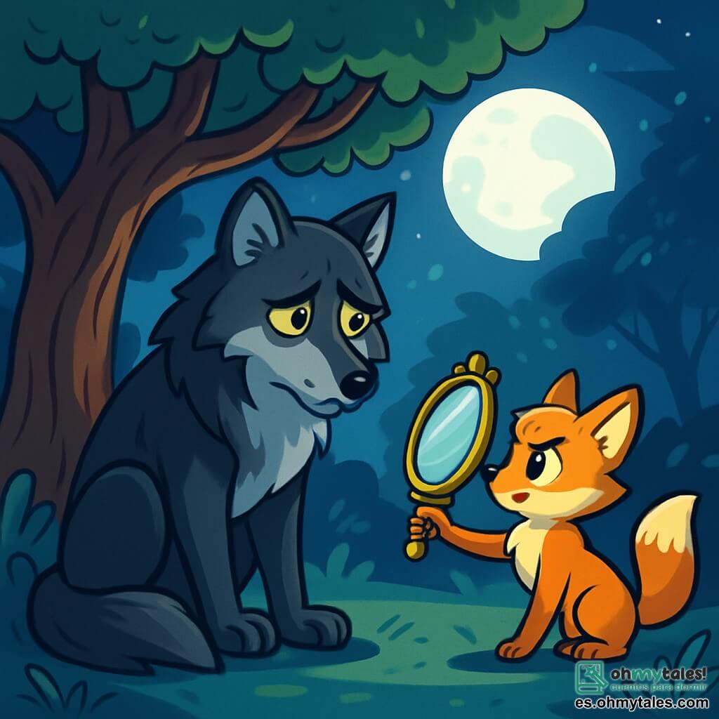 Un gran lobo de pelaje negro y plateado, con ojos amarillos brillantes, se encuentra en el centro de un claro, con una expresión triste y resignada. Mira a un pequeño zorro de pelaje dorado y ojos verdes llenos de curiosidad, que valientemente se sitúa frente a él, con una expresión decidida. El lobo está sentado bajo un gran roble de ramas nudosas, mientras que el zorro, ligeramente inclinado hacia adelante, parece dispuesto a ayudarlo. El lugar es un claro mágico en el bosque, bañado por la luz plateada de la luna, con sombras danzantes de los árboles circundantes y hojas brillantes. La situación principal muestra al lobo, que aunque es grande e imponente, es vulnerable, mientras que el zorro, pequeño pero valiente, le ofrece un antiguo espejo, símbolo de verdad y esperanza, listo para ayudarlo a enfrentar sus demonios internos.