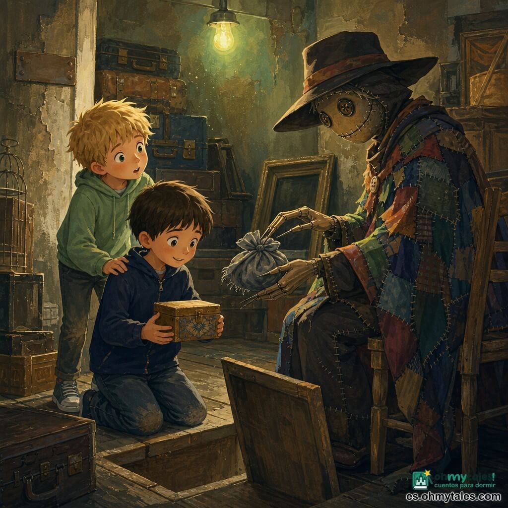 Hay tres personajes: Nico, niño de unos 7 años, cabello castaño corto, chaqueta azul marino, de rodillas ante un peldaño abierto sosteniendo una pequeña caja de madera decorada, rostro aliviado; Tomás, niño de unos 7 años, cabello rubio alborotado, sudadera verde clara, detrás y a la izquierda de Nico con la mano en su hombro y expresión maravillada y algo nerviosa; y el Señor Puntada, figura humanoide algo mayor que los niños, capa de retales multicolores, sombrero ancho de fieltro oscuro, ojos de botones brillantes y boca de costuras, dedos largos como agujas, sentado a la derecha en una vieja silla de trastero ofreciendo un pequeño paquete envuelto en un pañuelo gris. Lugar: un antiguo trastero en el tercer rellano con suelo de tablas gastadas, maletas y marcos vacíos apilados, luz verdosa filtrada por una bombilla desnuda, paredes desconchadas y una placa oxidada “Trastero”, polvo en suspensión que crea una atmósfera cálida y algo brumosa. Situación: los niños recuperan la caja de secretos; composición triangular (Nico al frente, Tomás a la izquierda, Señor Puntada a la derecha), ambiente de cuento inquietante pero tierno, contrastes de luz verde y sombras suaves, texturas de madera, telas y polvo, colores cálidos atenuados con acentos azules y verdes, estilo pintura acrílica detallada con rasgos claros y expresiones legibles.