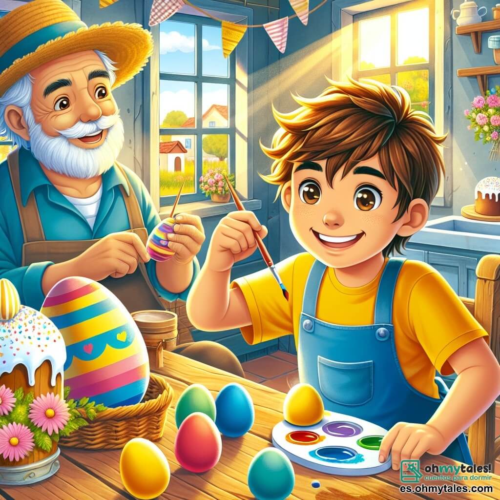 Un niño de 10 años, Miguel, con cabello castaño y ojos brillantes de alegría, está pintando huevos de Pascua coloridos en una mesa de madera rústica. Lleva una camiseta amarilla brillante y un delantal azul, sonriendo ampliamente, lleno de emoción. A su lado, su abuelo, Don Pedro, un hombre mayor con barba blanca y un sombrero de paja, lo observa con una sonrisa amable, sosteniendo un huevo pintado en su mano. Al fondo, su madre, Doña Clara, una mujer de unos cuarenta años con cabello castaño y una sonrisa cálida, prepara pasteles en la encimera de la cocina, decorada con colores pastel y decoraciones de Pascua. La escena tiene lugar en una encantadora cocina de campo, con ventanas que dejan entrar la luz del sol, flores coloridas en el alféizar y guirnaldas de papel colgadas del techo. Miguel está absorto en su tarea, rodeado de un ambiente festivo y creativo, listo para celebrar la Pascua con su familia.