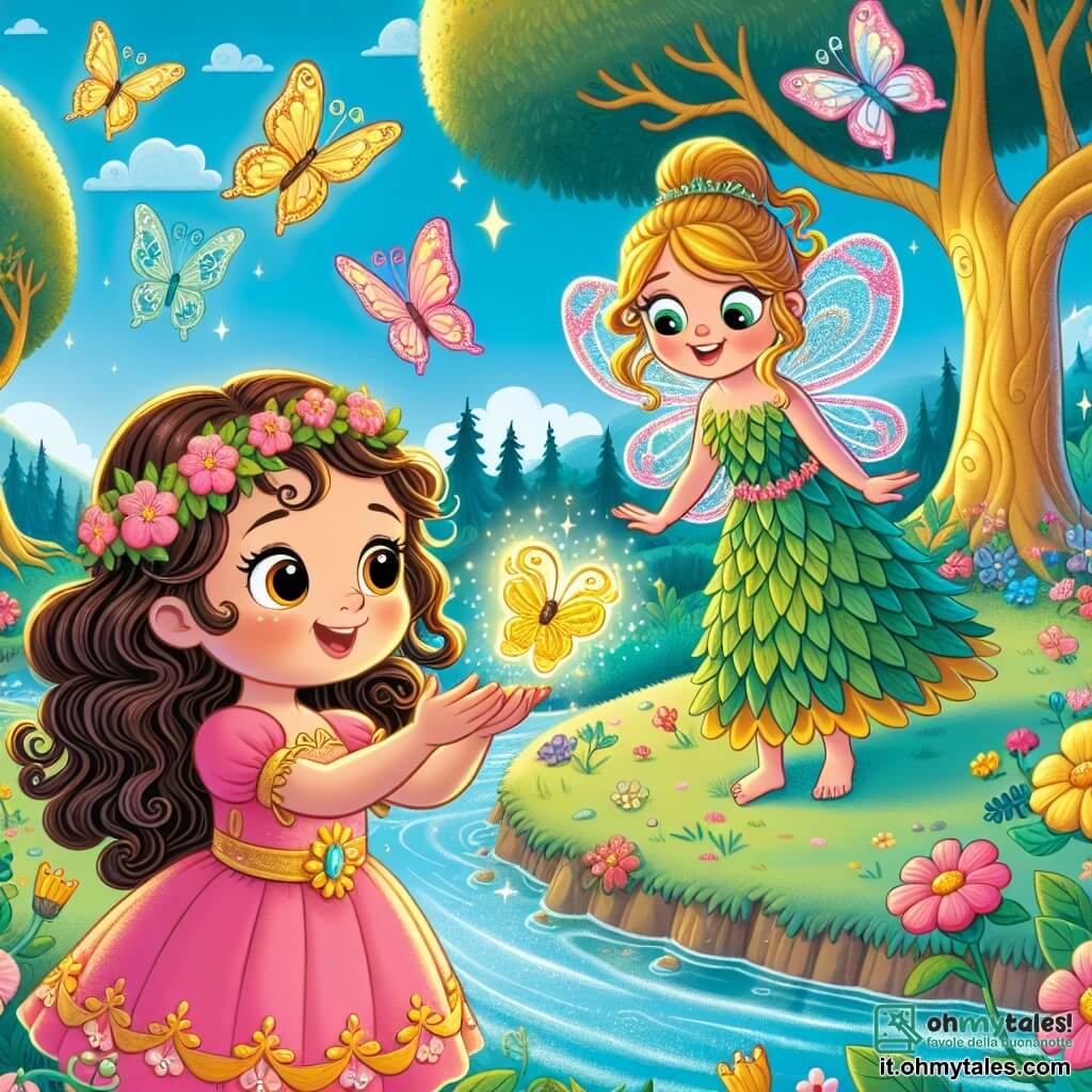 Una giovane ragazza, Lulù, con lunghi capelli ricci e un vestito rosa decorato con fiori, guarda meravigliata una farfalla dorata che brilla nella sua mano. I suoi occhi sono grandi e brillanti di gioia. Accanto a lei, una piccola fatina con ali scintillanti, di circa 10 anni, con un vestito verde fatto di foglie, sorride indicandole la strada verso il Regno delle Farfalle Luminescenti. La scena si svolge in una foresta incantata, dove alberi maestosi con tronchi dorati si ergono verso un cielo blu punteggiato di nuvole soffici, e fiori multicolori danzano al ritmo del vento. Lulù e la fatina si trovano sulla riva di un ruscello scintillante, pronte a tuffarsi nell'avventura magica che le attende.