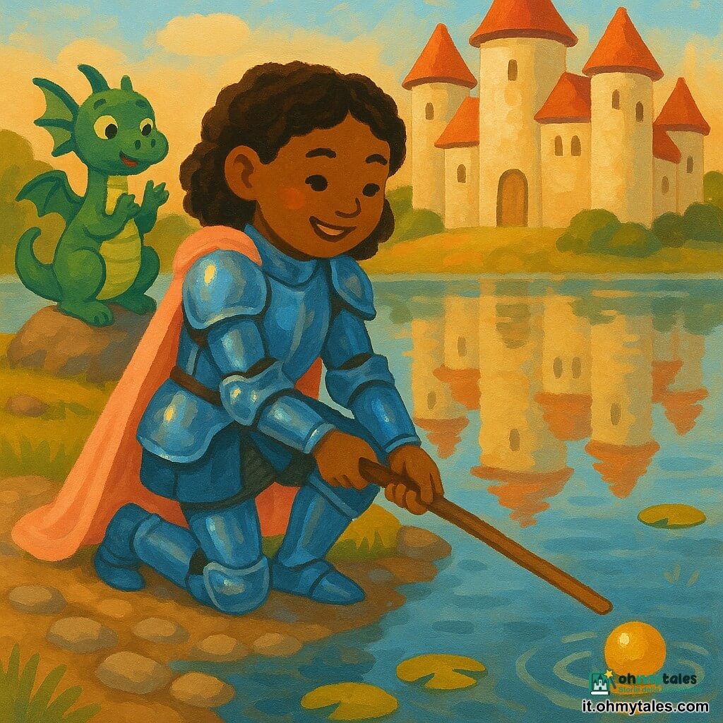 Una giovane cavallerizza di circa 12 anni, sorriso coraggioso, in armatura d'acciaio lucida con riflessi blu e una leggera mantella rosa pallido, è inginocchiata sulla riva di un lago e porge un lungo bastone di legno verso una piccola sfera dorata che brilla nell'acqua; dietro di lei un piccolo drago verde dalle scaglie lucenti e occhi tondi curiosi sta su una pietra battendo leggermente le ali e applaudendo con le zampette; sullo sfondo un castello dalle mura crema con torri rotonde, tegole rosse e finestre arrotondate si riflette nell'acqua calma; la riva è di ciottoli rotondi e erba bassa con alcune ninfee gialle vicino alla sfera; luce dolce di fine pomeriggio, colori caldi e contrasti netti, stile pittura acrilica infantile a tratti semplici e forme arrotondate, atmosfera gioiosa e rassicurante.