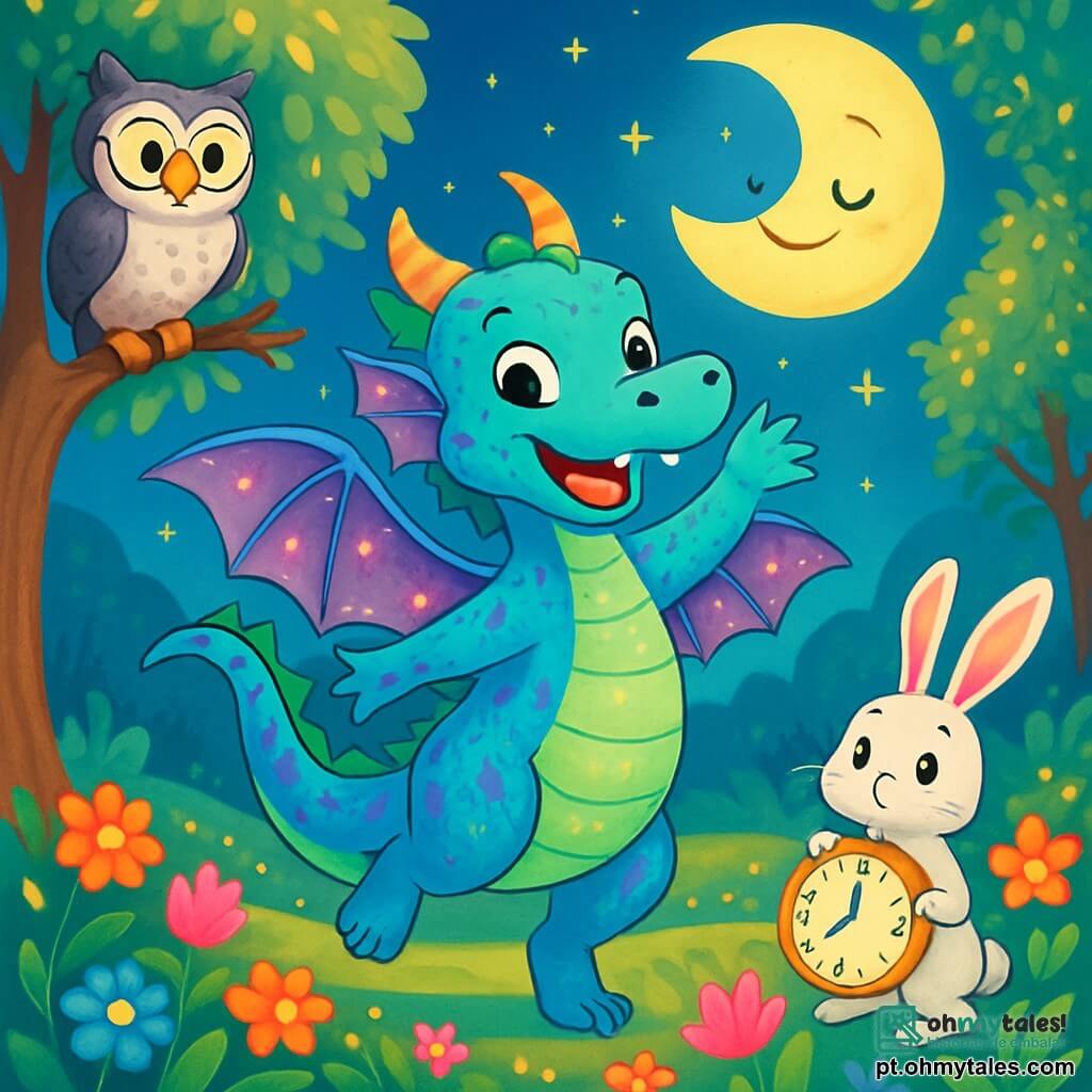Lulú, uma dragonesa com escamas brilhantes de azul, verde e roxo, dança alegremente sob uma lua sorridente, com suas asas cintilantes abertas. Ela sorri muito e seus olhos brilham de excitação. Ao seu lado, Dona Corujilda, uma sábia coruja com penas cinzas e brancas, está empoleirada em um galho, observando admirada, com seus óculos redondos escorregando pelo bico. Um pouco mais longe, o Coelho Relógio, um pequeno coelho de pelagem branca e grandes orelhas, observa Lulú com um olhar encantado, segurando seu enorme relógio dourado que brilha sob a luz da lua. A cena acontece em um lindo vale encantado, repleto de flores coloridas que dançam ao vento e árvores majestosas cujas folhas brilham como estrelas. Lulú, cercada por seus amigos, celebra o último dia do Ramadã preparando um banquete alegre, onde risos e luzes preenchem o ar, criando uma atmosfera mágica e festiva.
