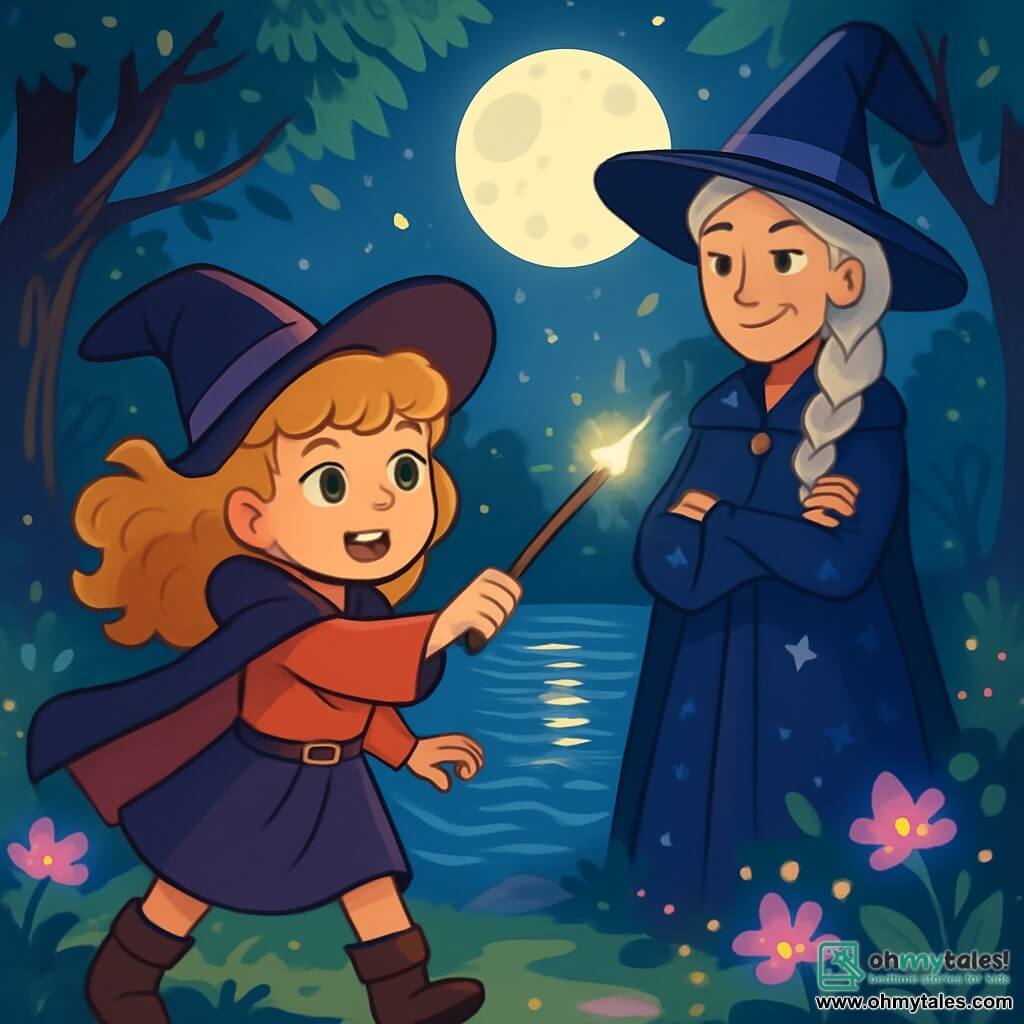 An 11-year-old girl named Lyra, an apprentice witch, stands by a shimmering lake under the moonlight. She has curly golden hair that gently floats in the wind, and her emerald eyes shine with excitement and determination. Holding a hawthorn wand, she is ready to cast a spell. Beside her is her mentor, the witch Elowen, a woman around 50 with a long silver braid and a starry cloak, observing with a proud smile and crossed arms. The scene is set in an enchanted clearing surrounded by tall, gnarled trees with shimmering leaves, and luminescent flowers illuminating the ground. The lake's surface reflects the stars, creating a magical and peaceful atmosphere. Full of courage, Lyra prepares to confront a guardian spirit protecting a mysterious crystal, while a light breeze makes the leaves dance around them.